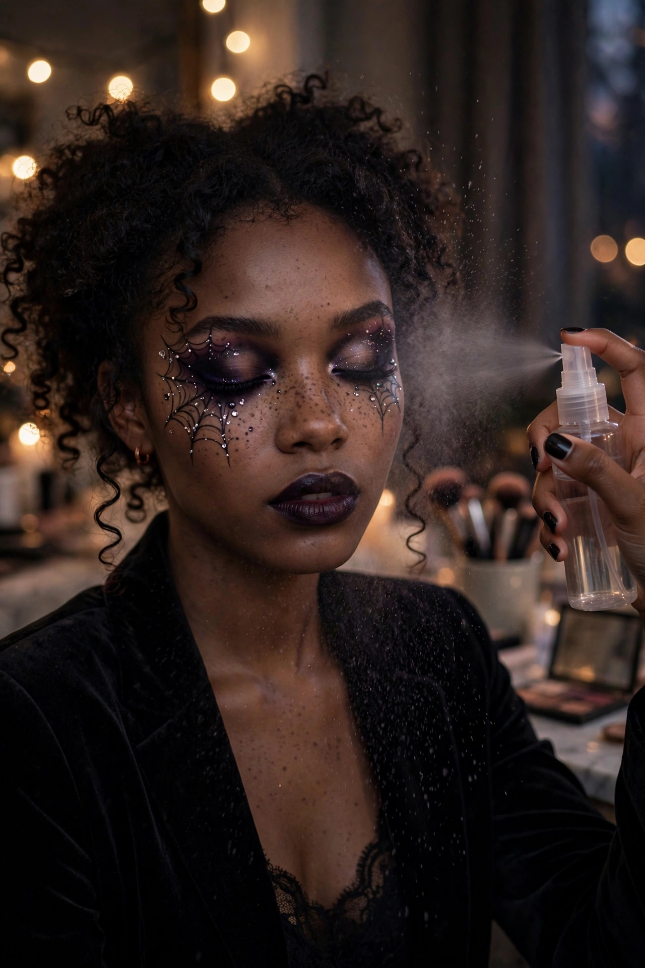 Woman misting setting spray over finished Halloween makeup look