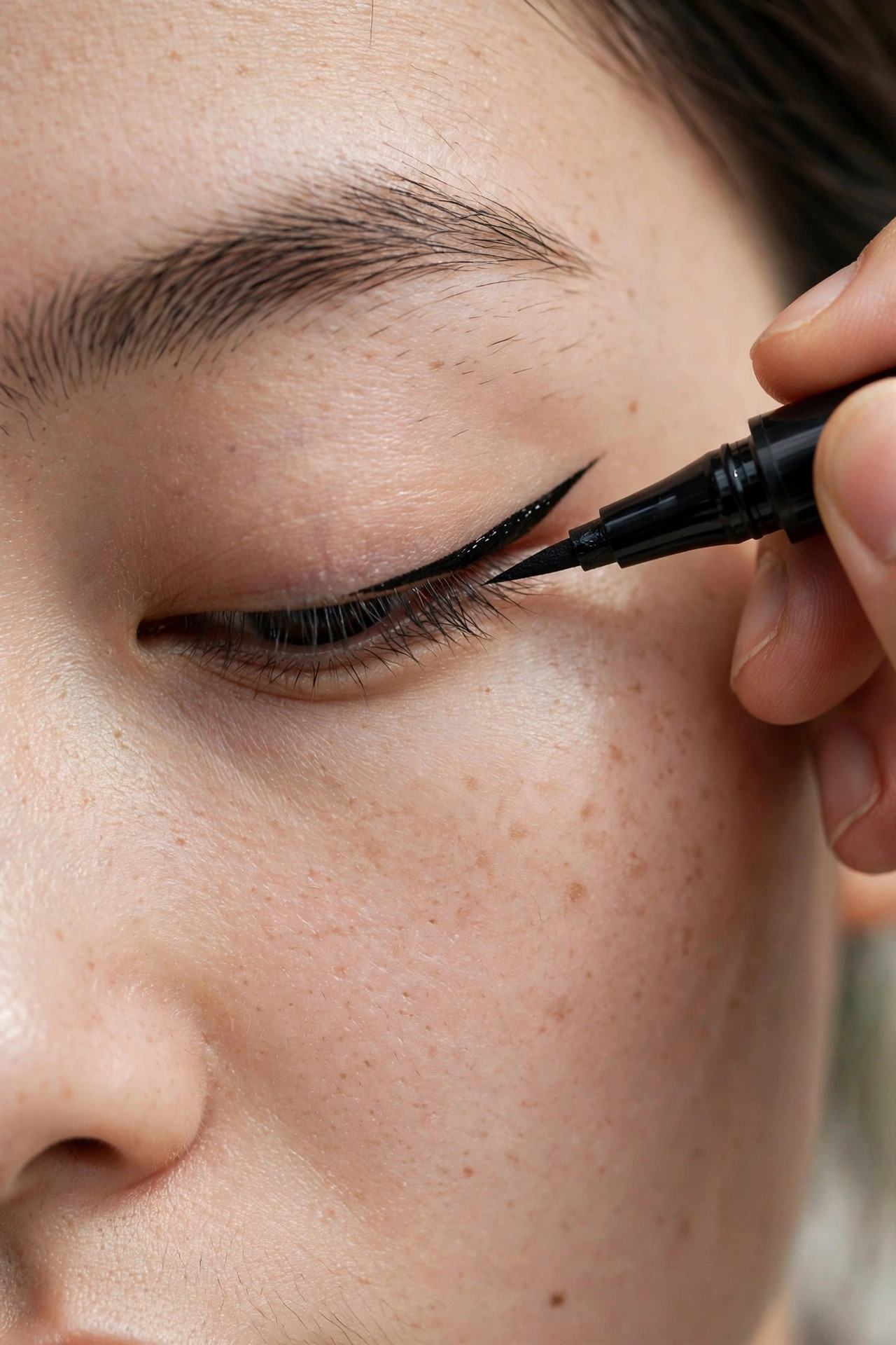 Close-up of waterproof black eyeliner being applied in a winged line