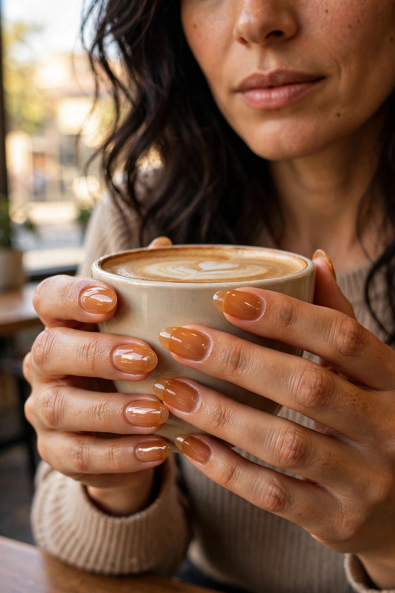 Almond nails in a glossy syrup-y caramel gel shade, held around a coffee cup in warm window light