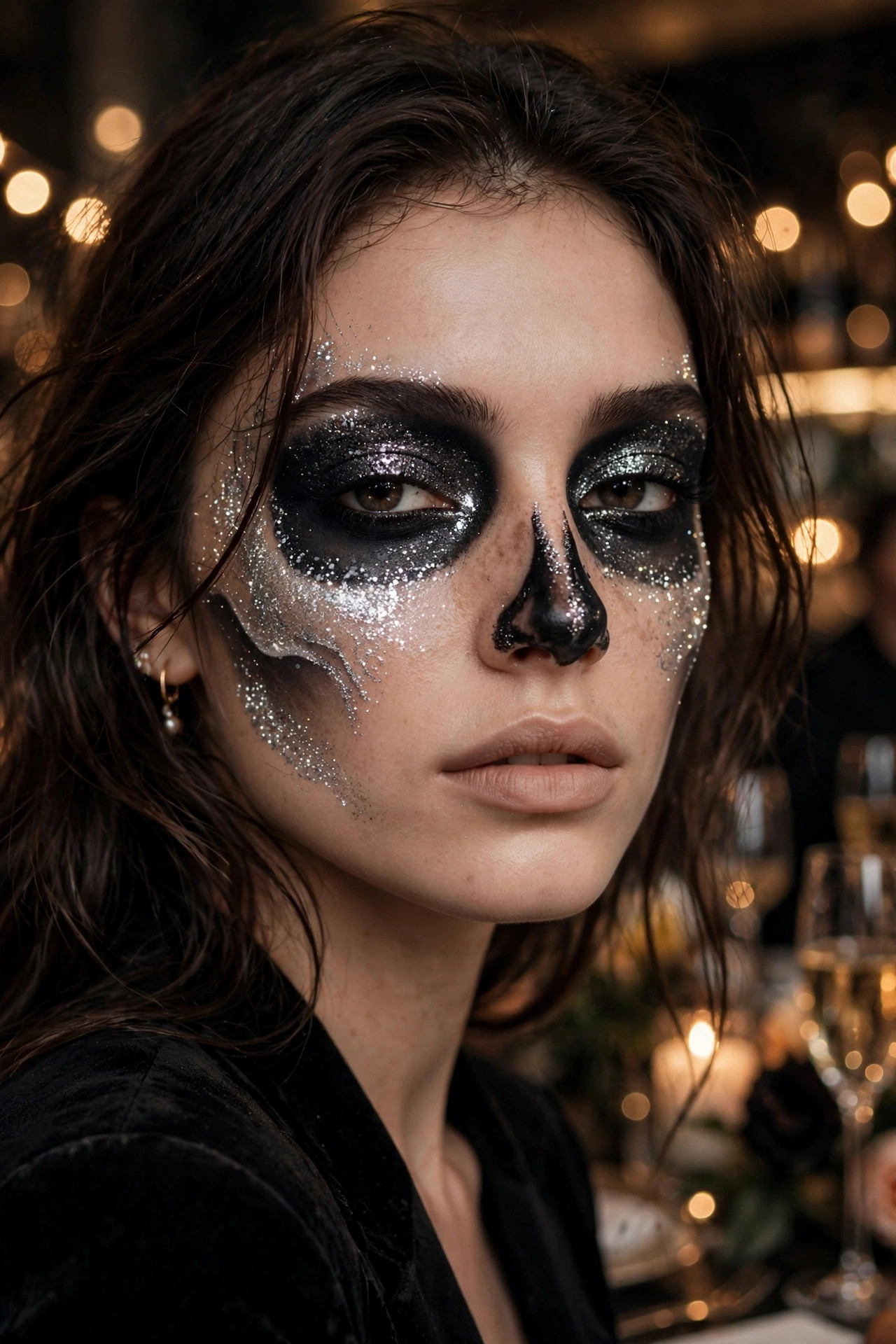 Woman with silver glitter glam skull Halloween makeup at a party
