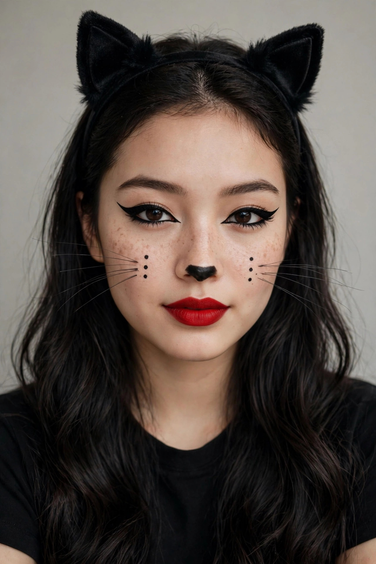 Woman with classic black cat Halloween makeup, winged eyeliner, whiskers, and cat ear headband