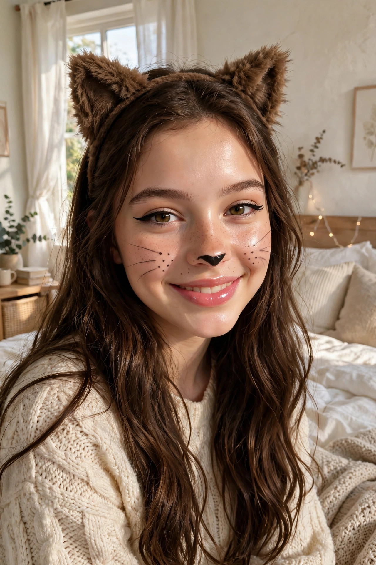Teen girl with cute cat Halloween makeup, whiskers, and cat ear headband