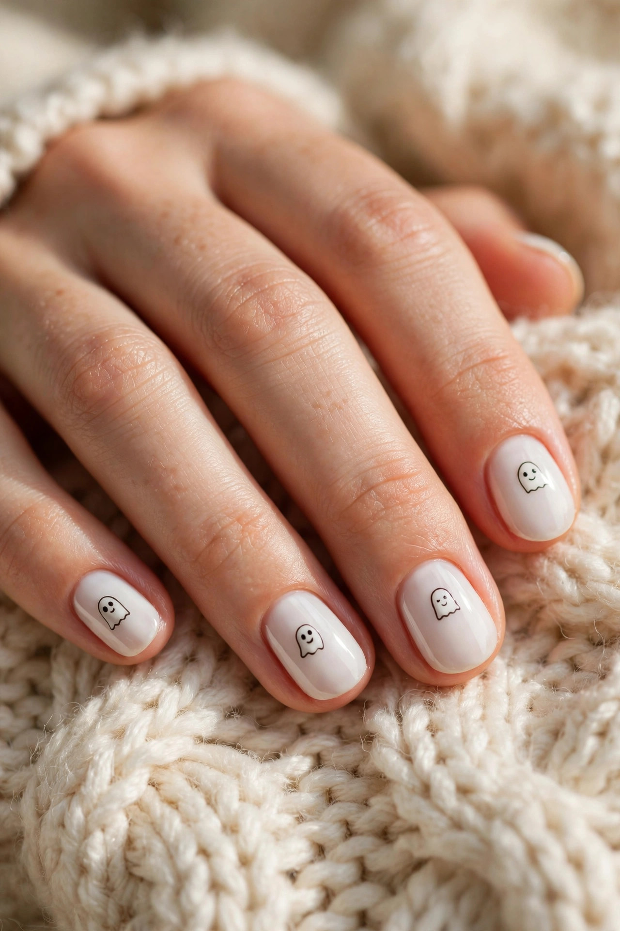 Short oval nails with milky white polish and tiny black ghost faces