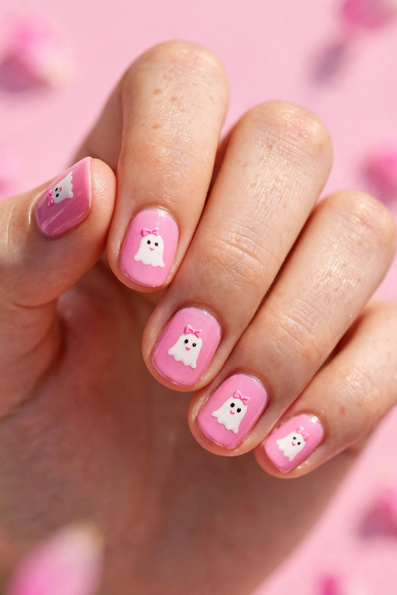 Teen hand with pink nails and cute white ghost faces with tiny bows