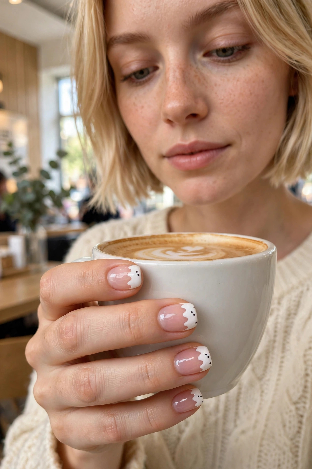 Short nails with white ghost-shaped French tips over a sheer pink base