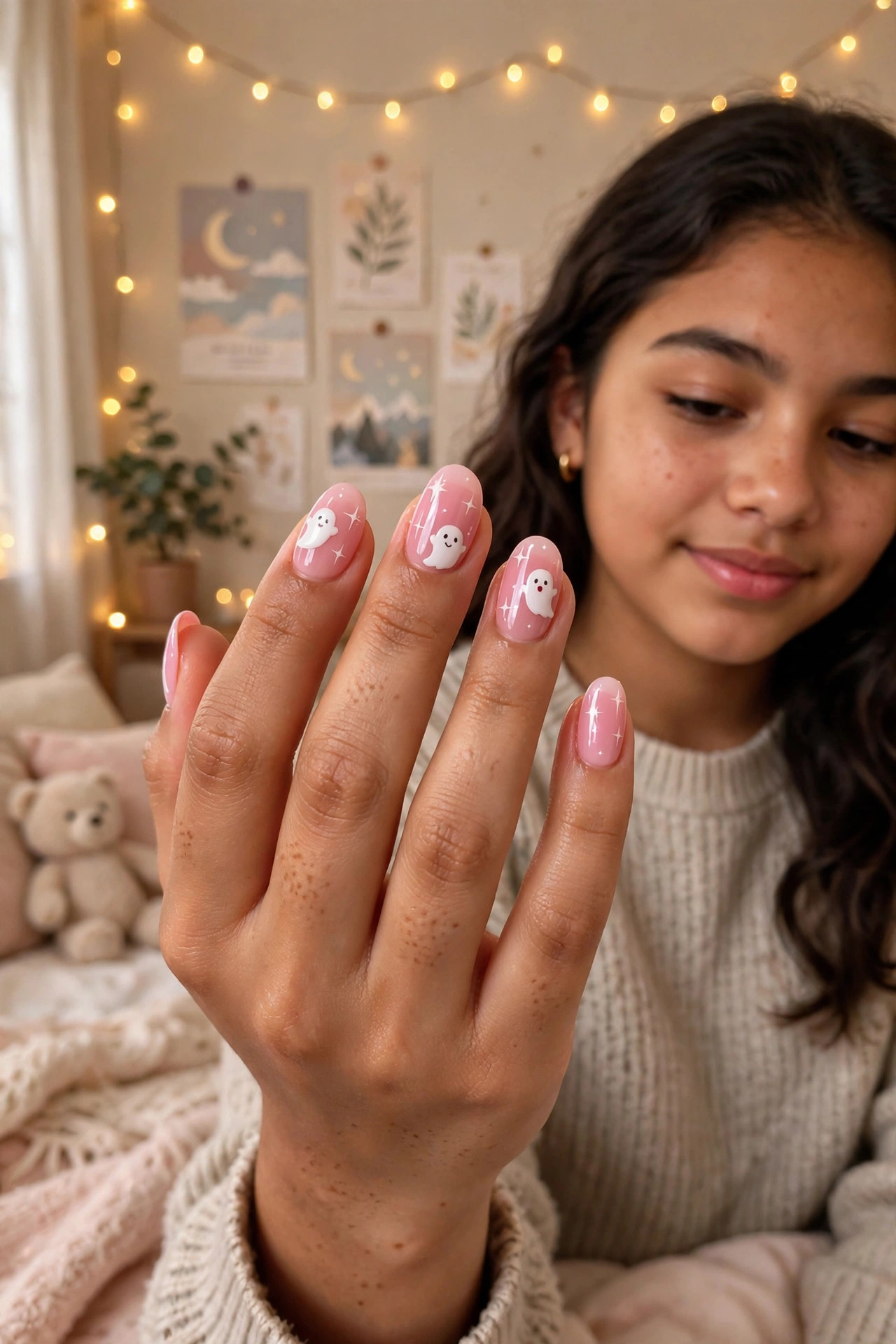 Teen hand with pink press-on nails featuring cute white ghosts and stars
