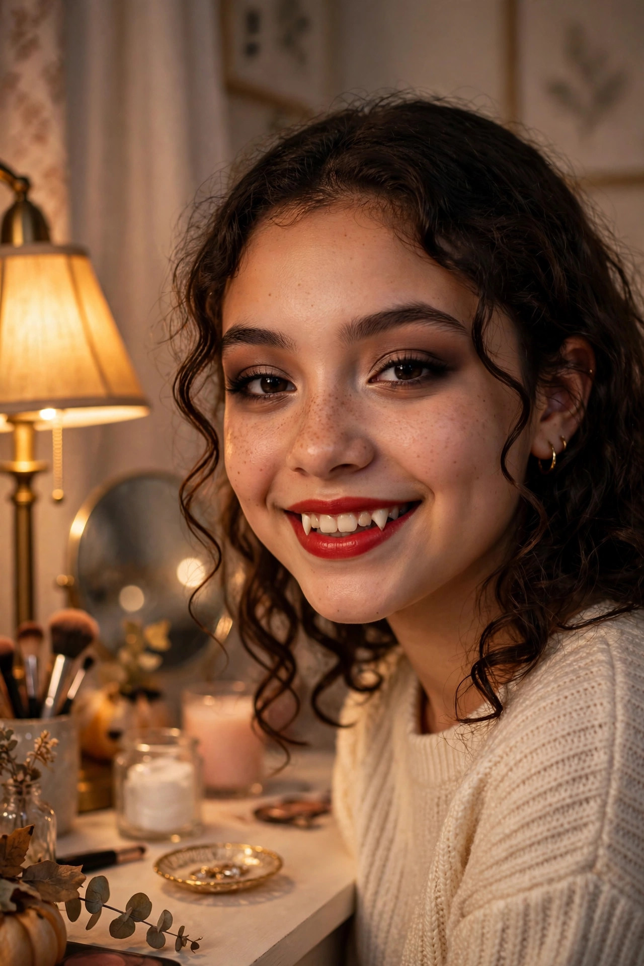 Teen with classic cute vampire makeup, pale base, soft smoky eyes, red lips, and costume fangs