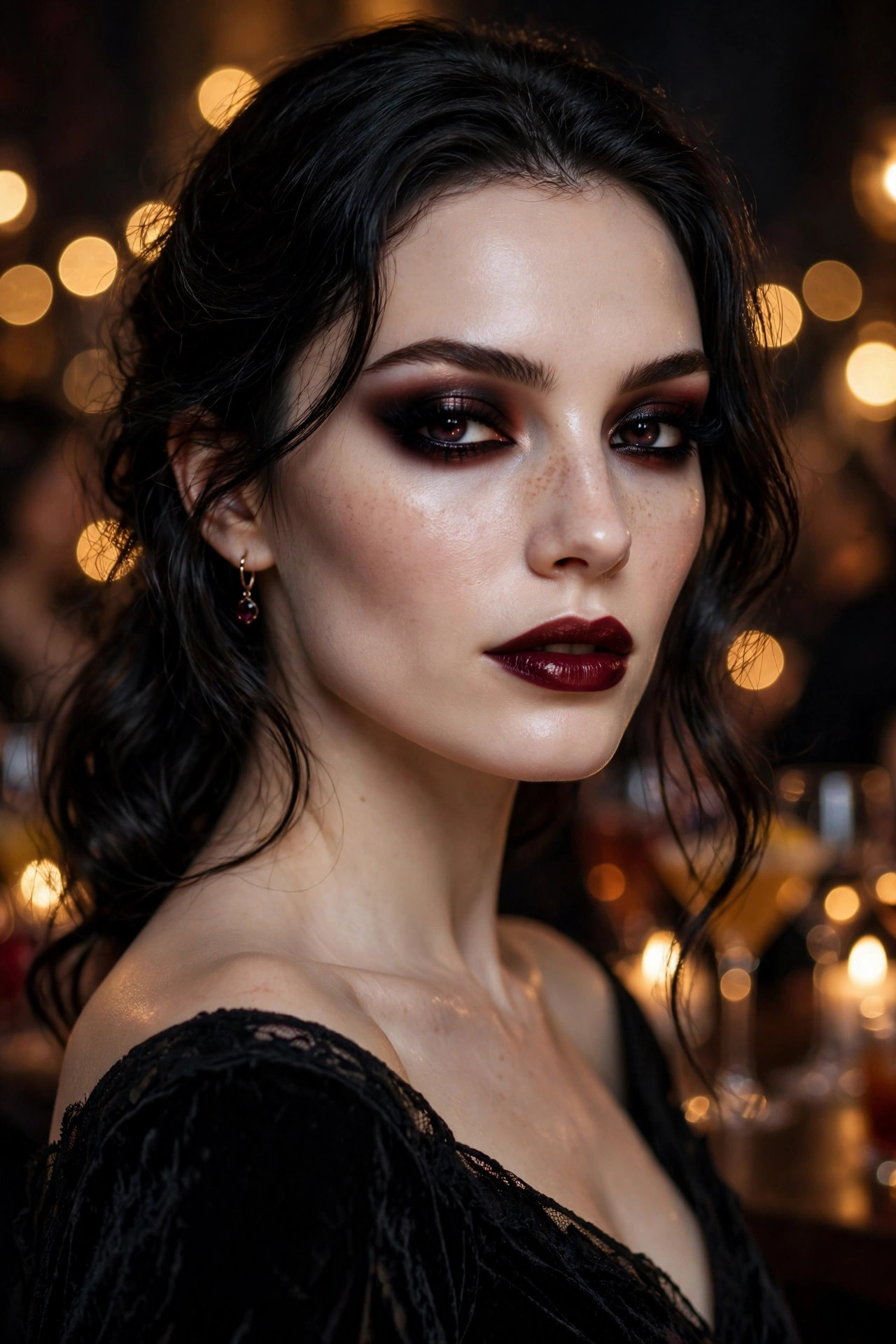 Woman with glamorous vampire party makeup, burgundy and black smoky eyes, wine lip