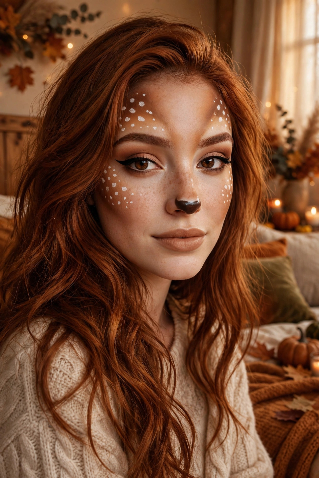 Woman with classic deer Halloween makeup, warm bronze contour and white fawn spots on cheeks