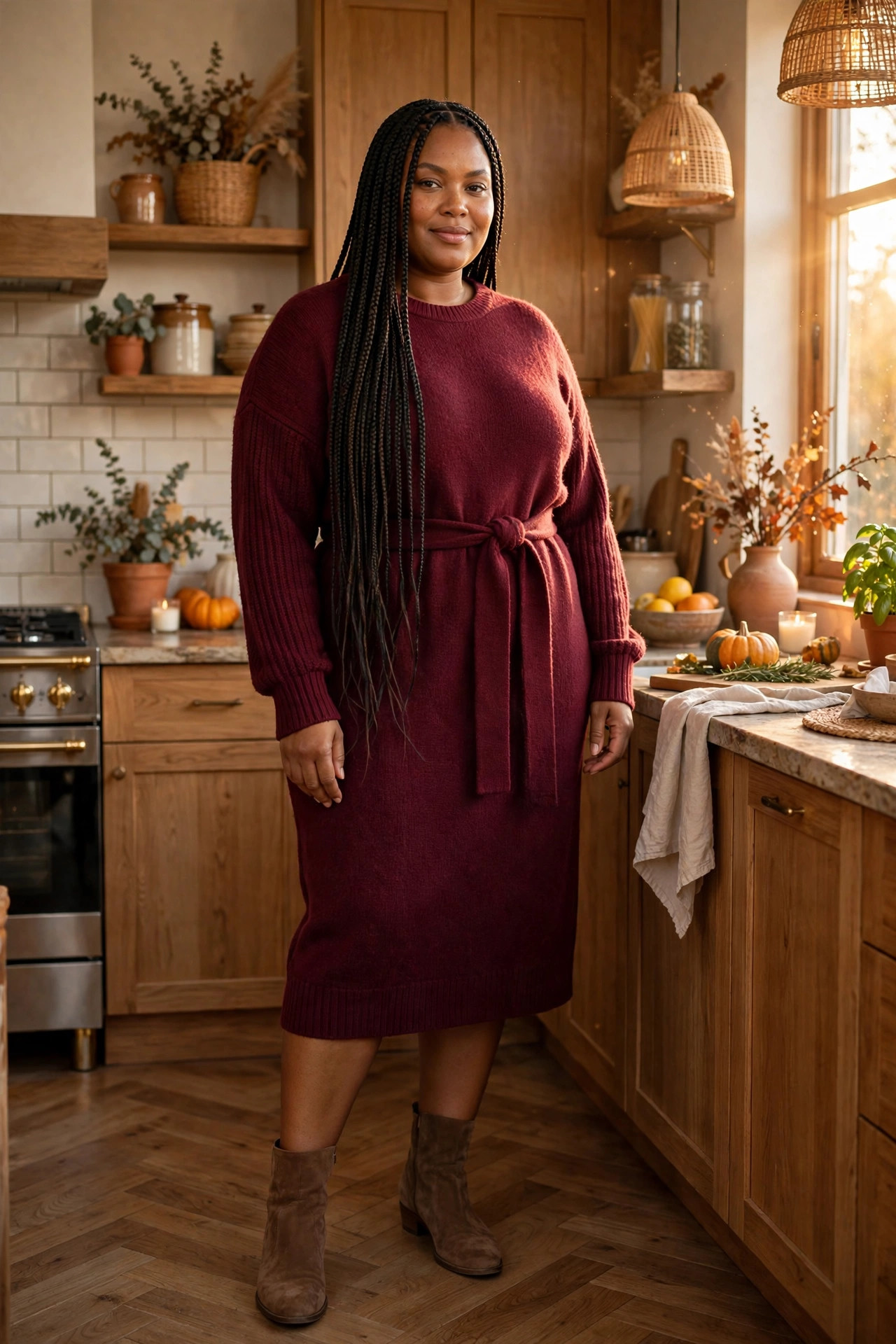 Plus-size woman in a burgundy belted sweater dress standing in a warm kitchen at golden hour