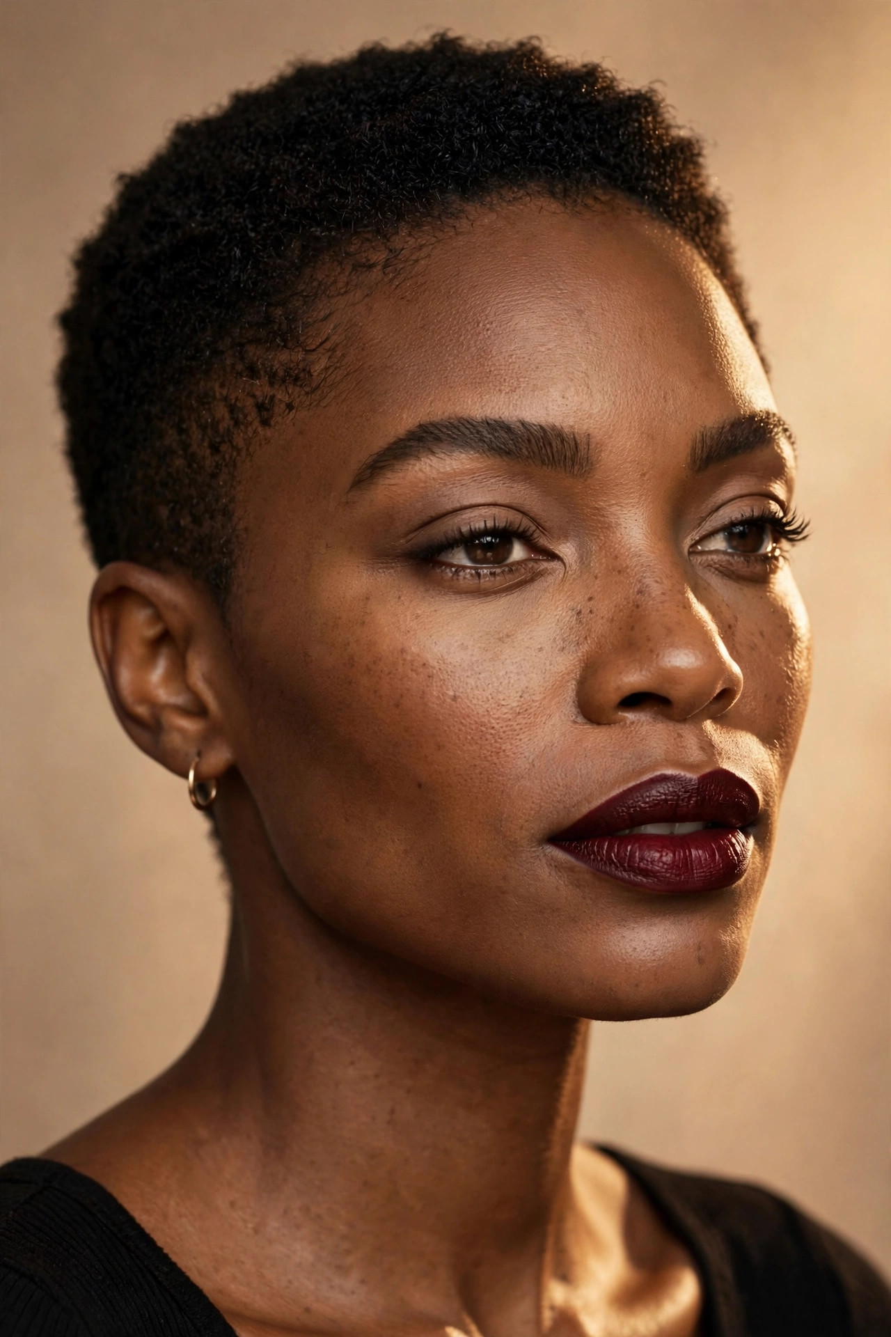 Close-up beauty portrait of a woman wearing a deep burgundy lipstick with soft neutral eye makeup