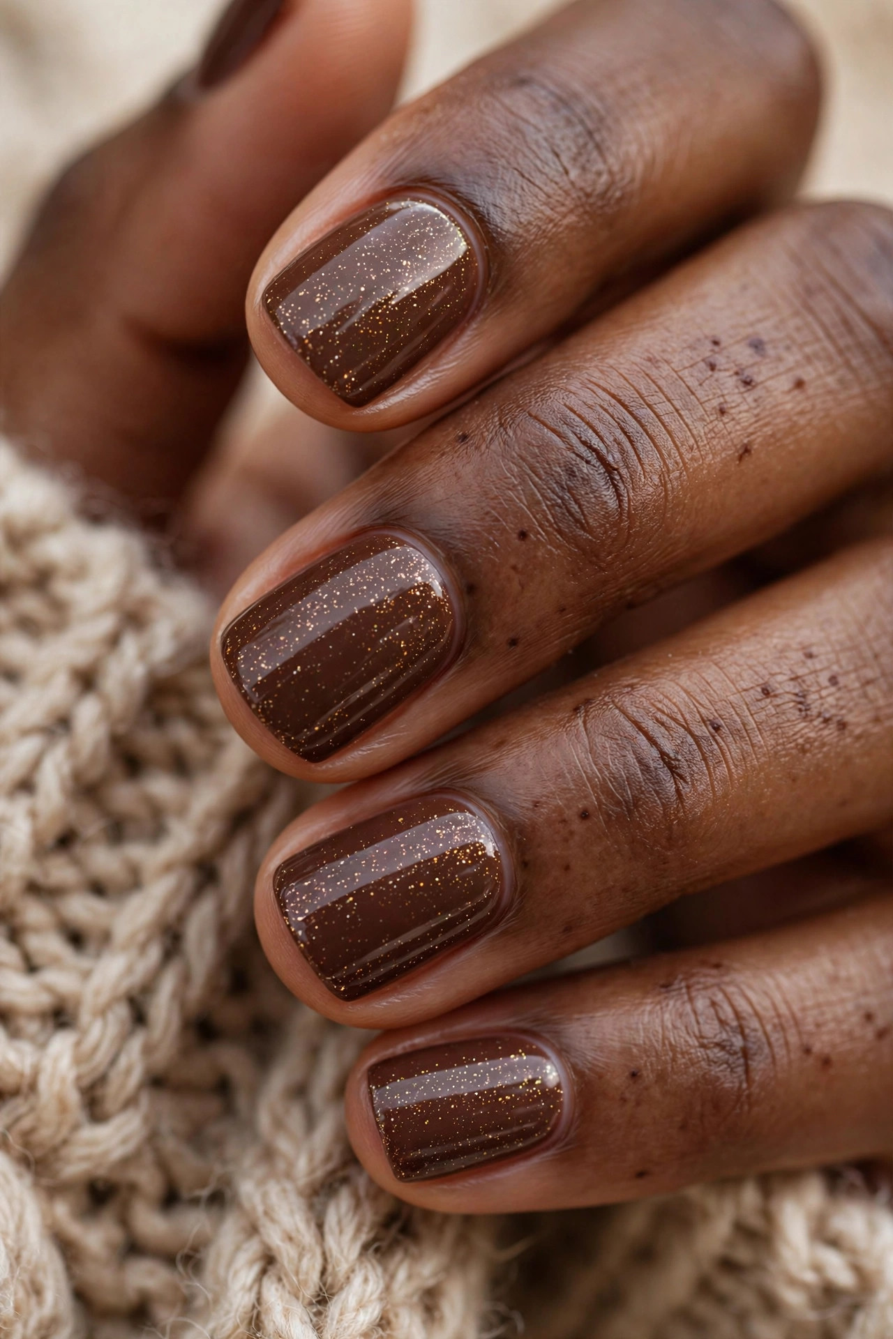 Short nails with glossy chocolate brown polish and fine gold micro glitter