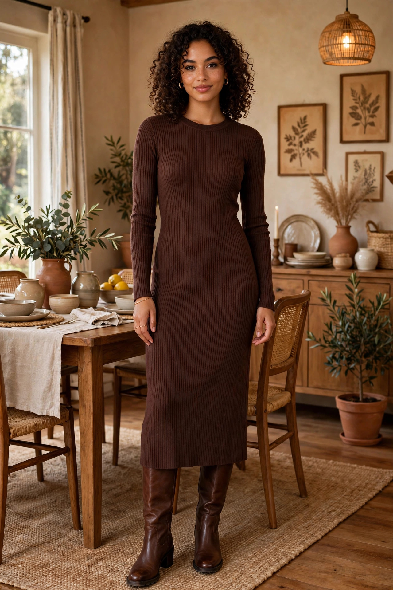 Young Latina woman in a chocolate brown knit midi dress with tall brown boots in a dining room