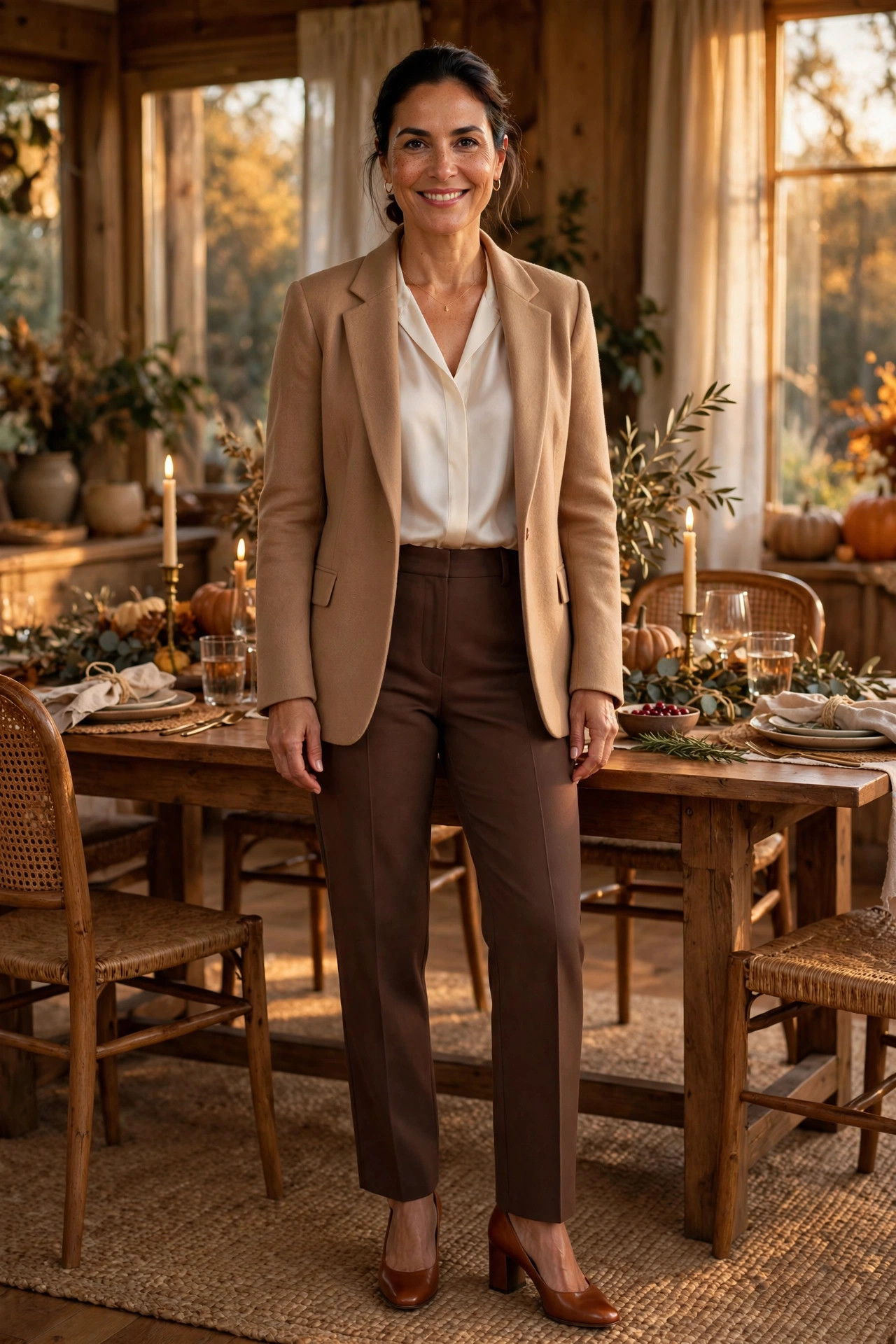 Woman over 40 wearing a camel blazer, ivory blouse and chocolate trousers in a warm dining room