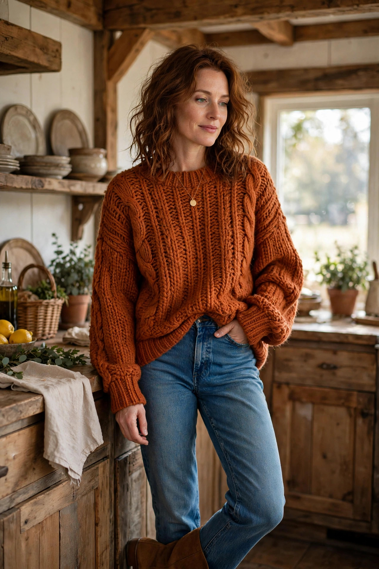 Woman in her 30s wearing an oversized chunky knit sweater with straight jeans in a farmhouse kitchen