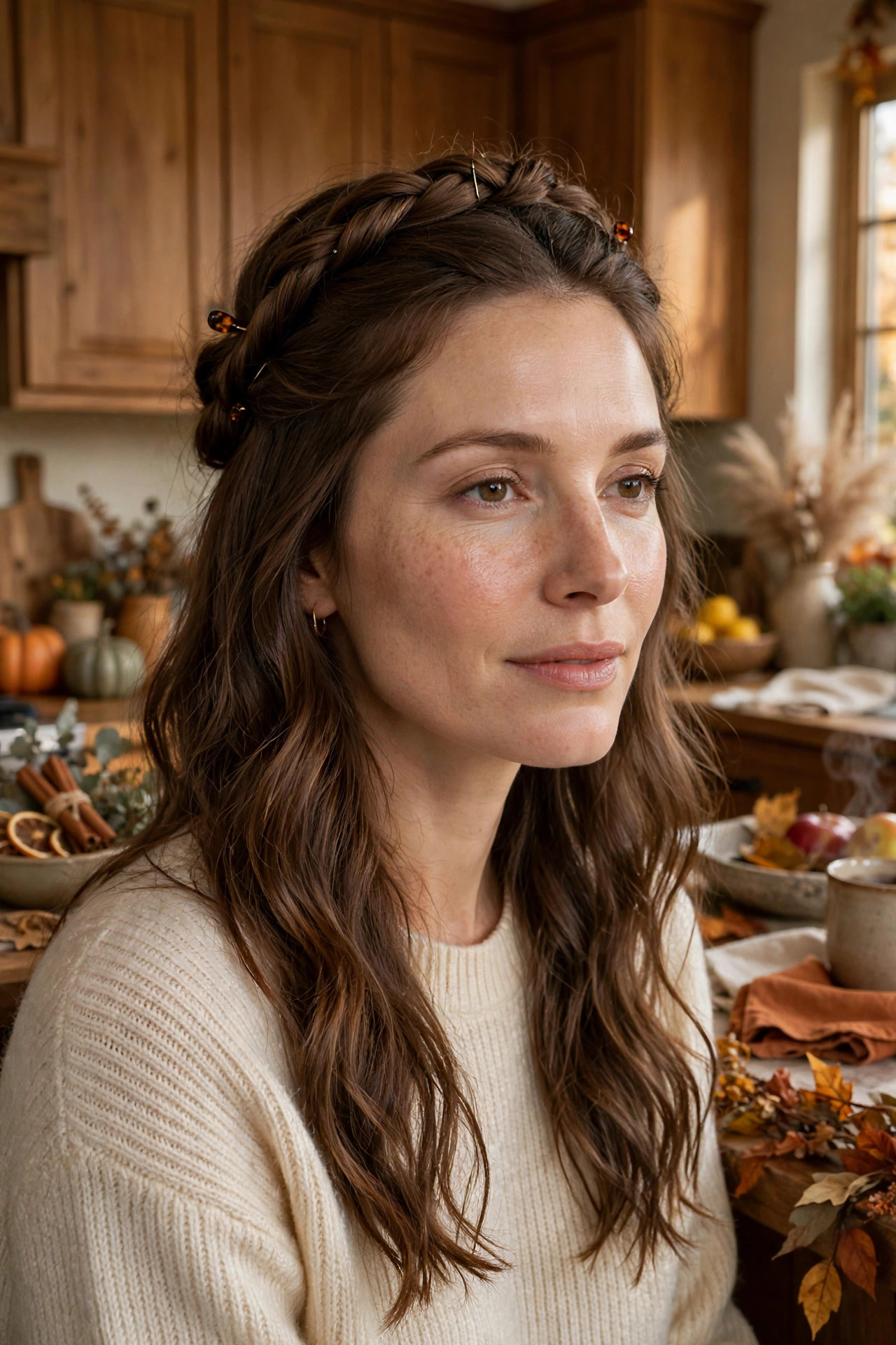 Woman with a half-up twisted crown hairstyle and loose waves in a kitchen
