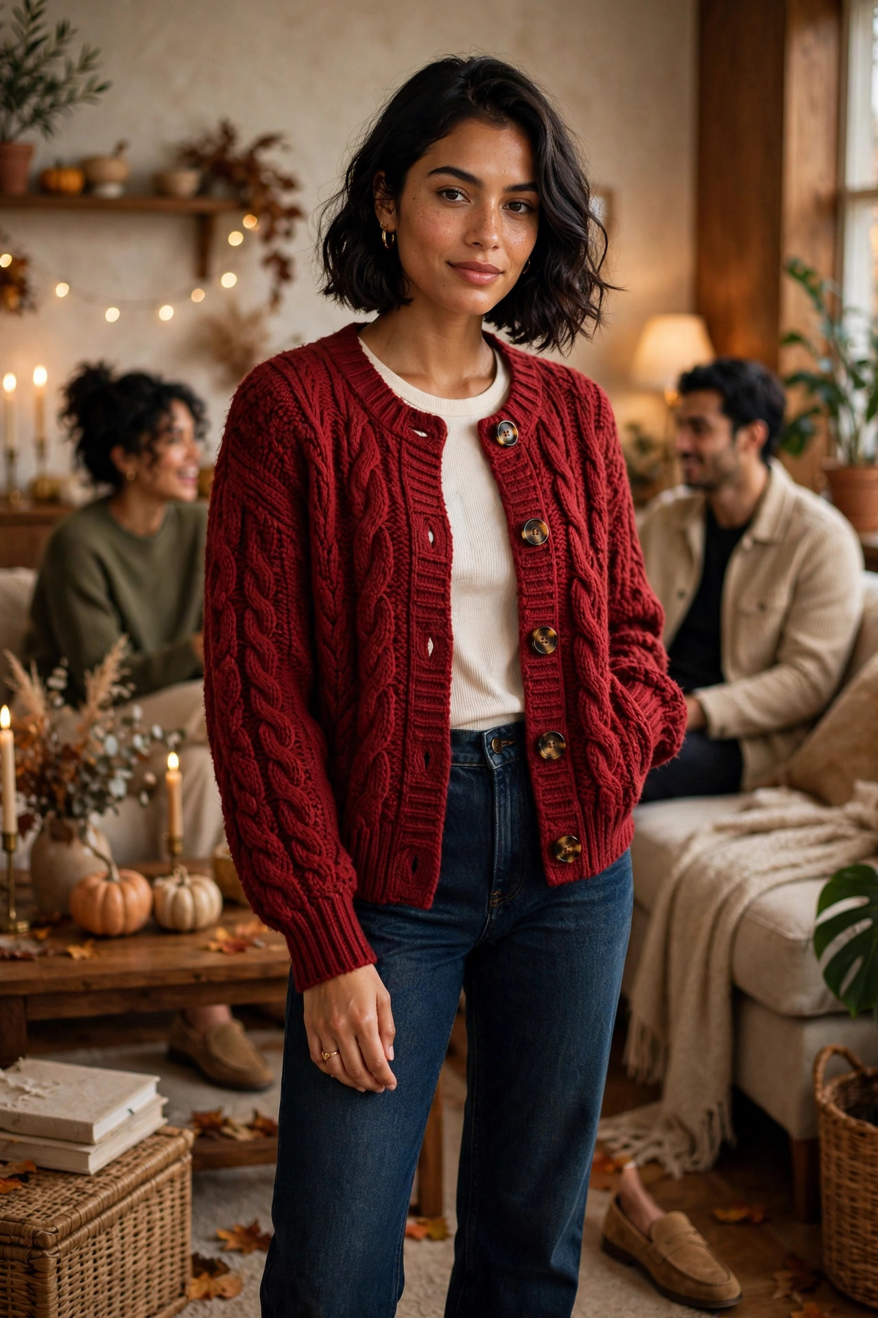 Young woman in a deep red statement cardigan with dark jeans at an apartment gathering