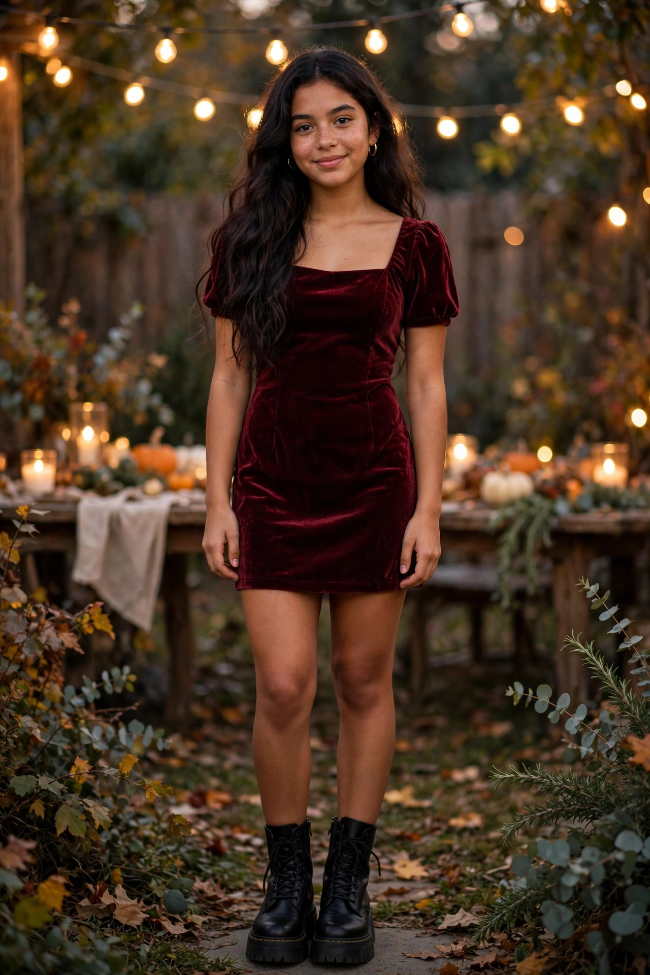 Teen girl in a burgundy velvet mini dress with chunky boots at a backyard gathering