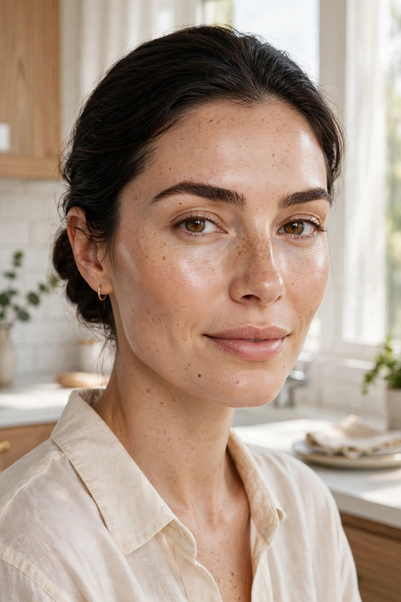 Woman with freckles and a low bun wearing barely-there natural makeup with glowing skin in a bright kitchen