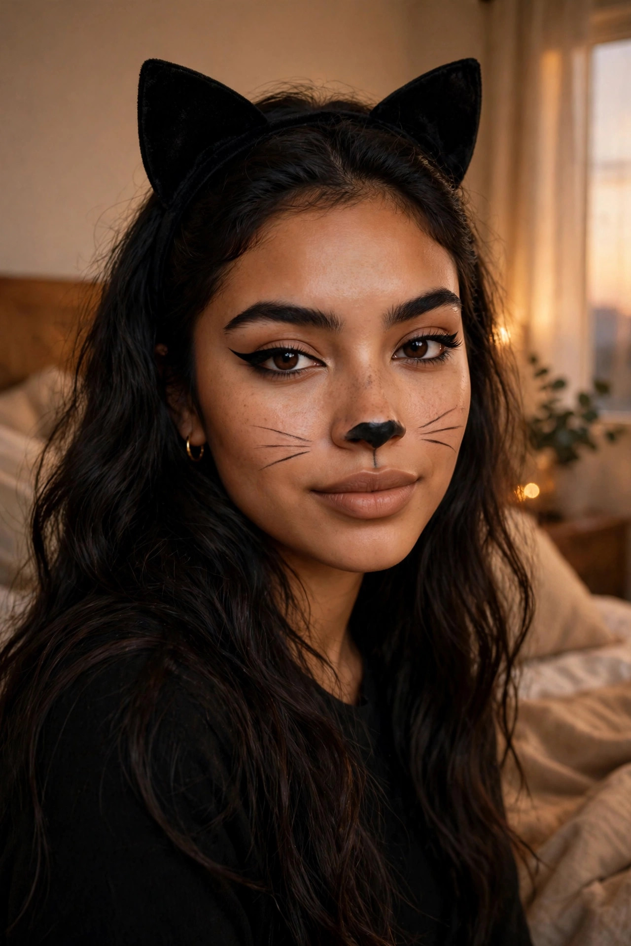 Woman with quick cat Halloween makeup, winged eyeliner, black nose and whiskers, wearing cat ears