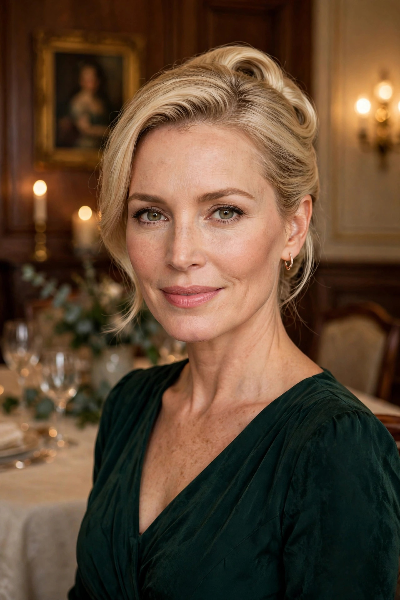 Woman in her early 40s with blonde hair in a classic French twist updo in an elegant dining room