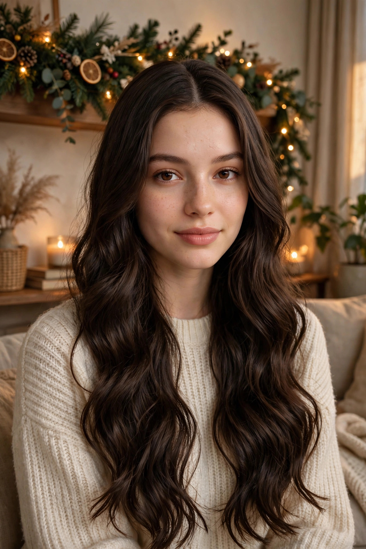 Young woman in her early 20s with very long dark hair in mermaid waves with a center part in a living room with garland