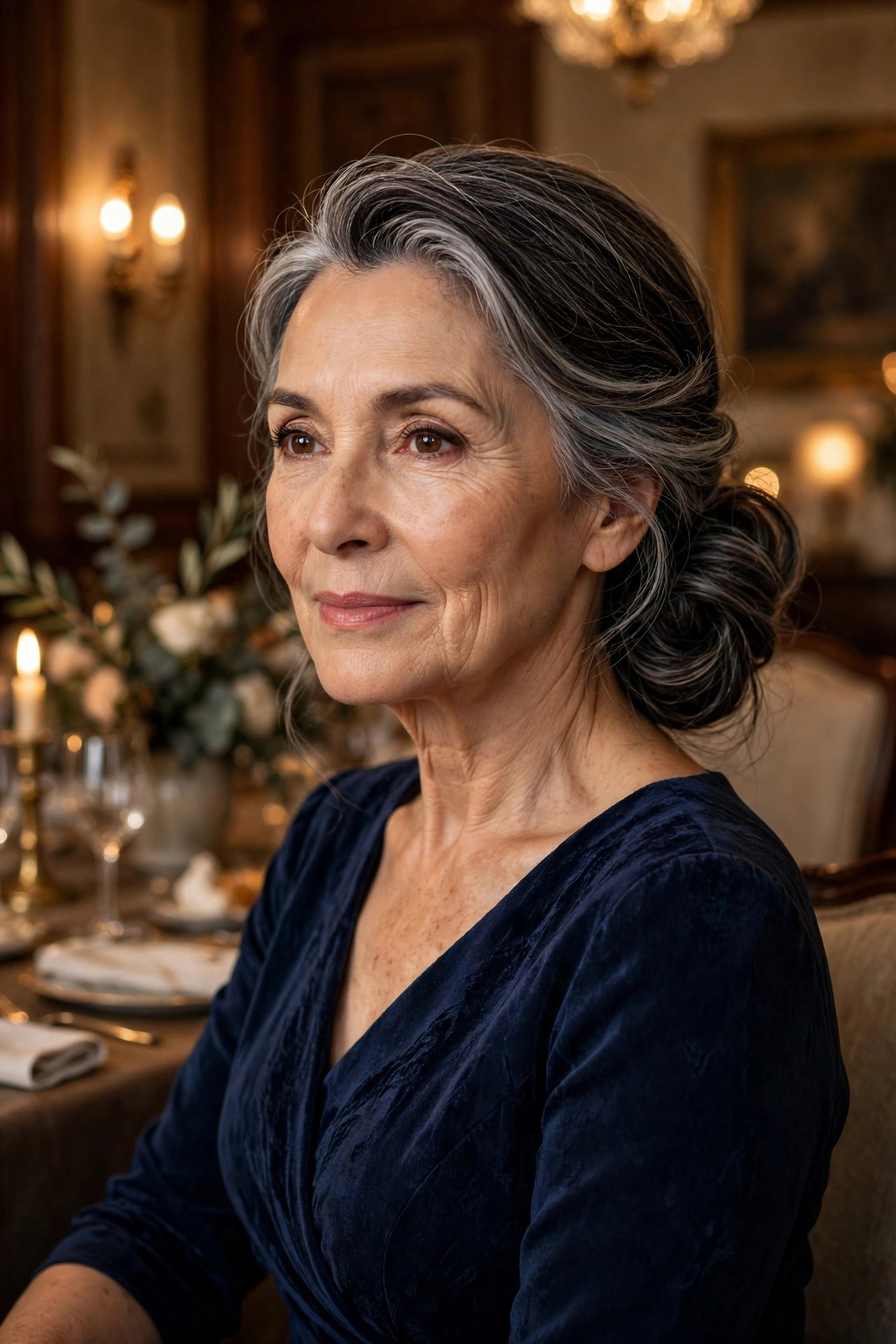 Woman in her early 60s with silver-streaked dark hair in an elegant low side bun in a formal dining room