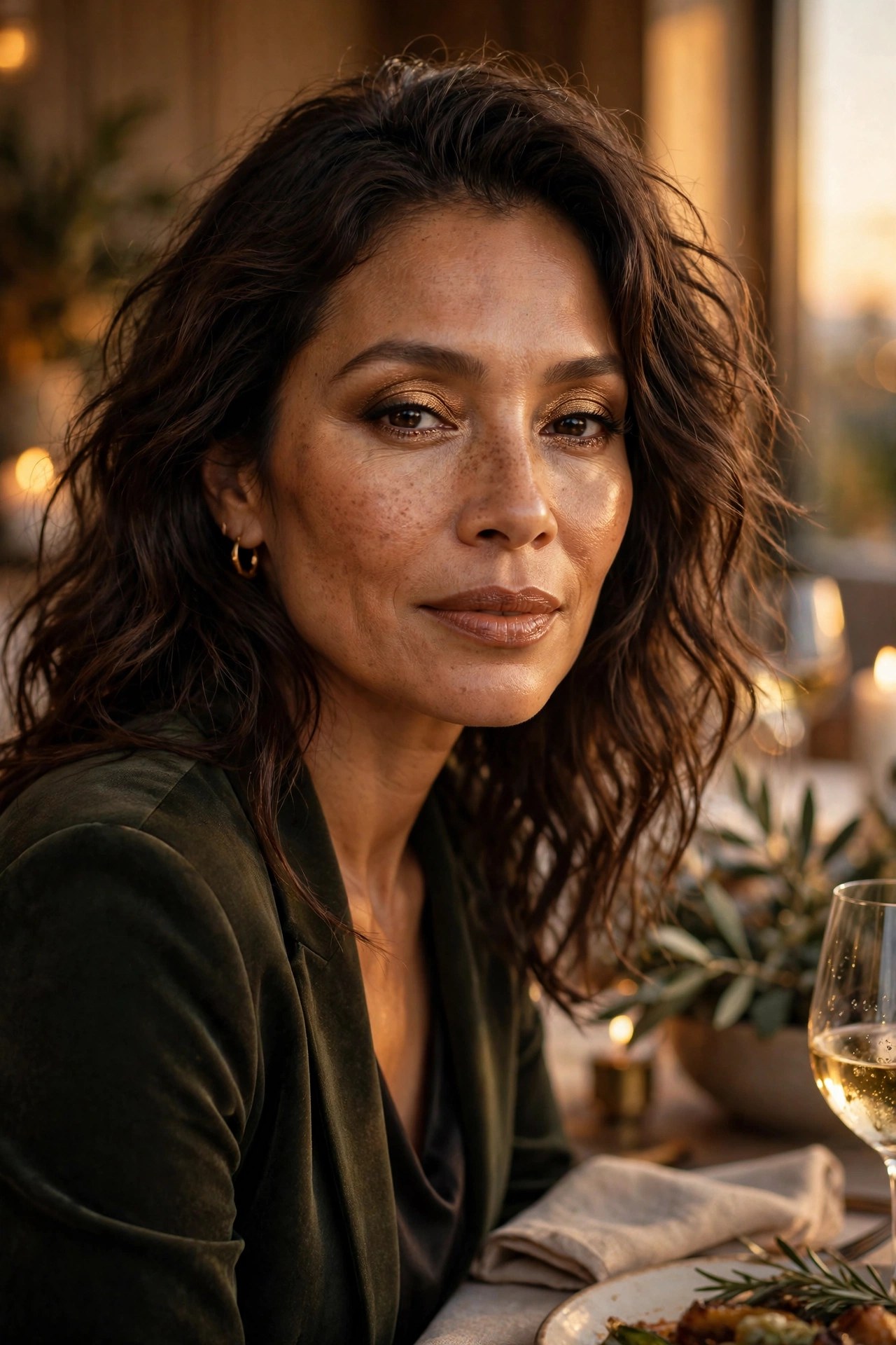 Latina woman in her mid-40s wearing a golden bronze eye makeup look in warm evening light