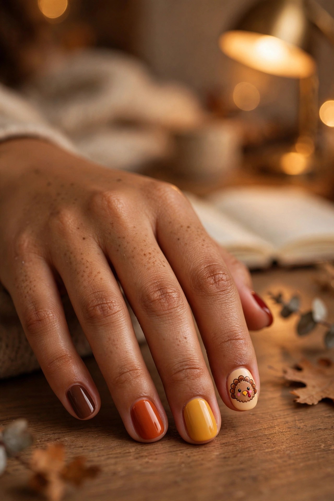 Teen hands with medium-brown skin and short oval nails showing a cartoon turkey accent nail