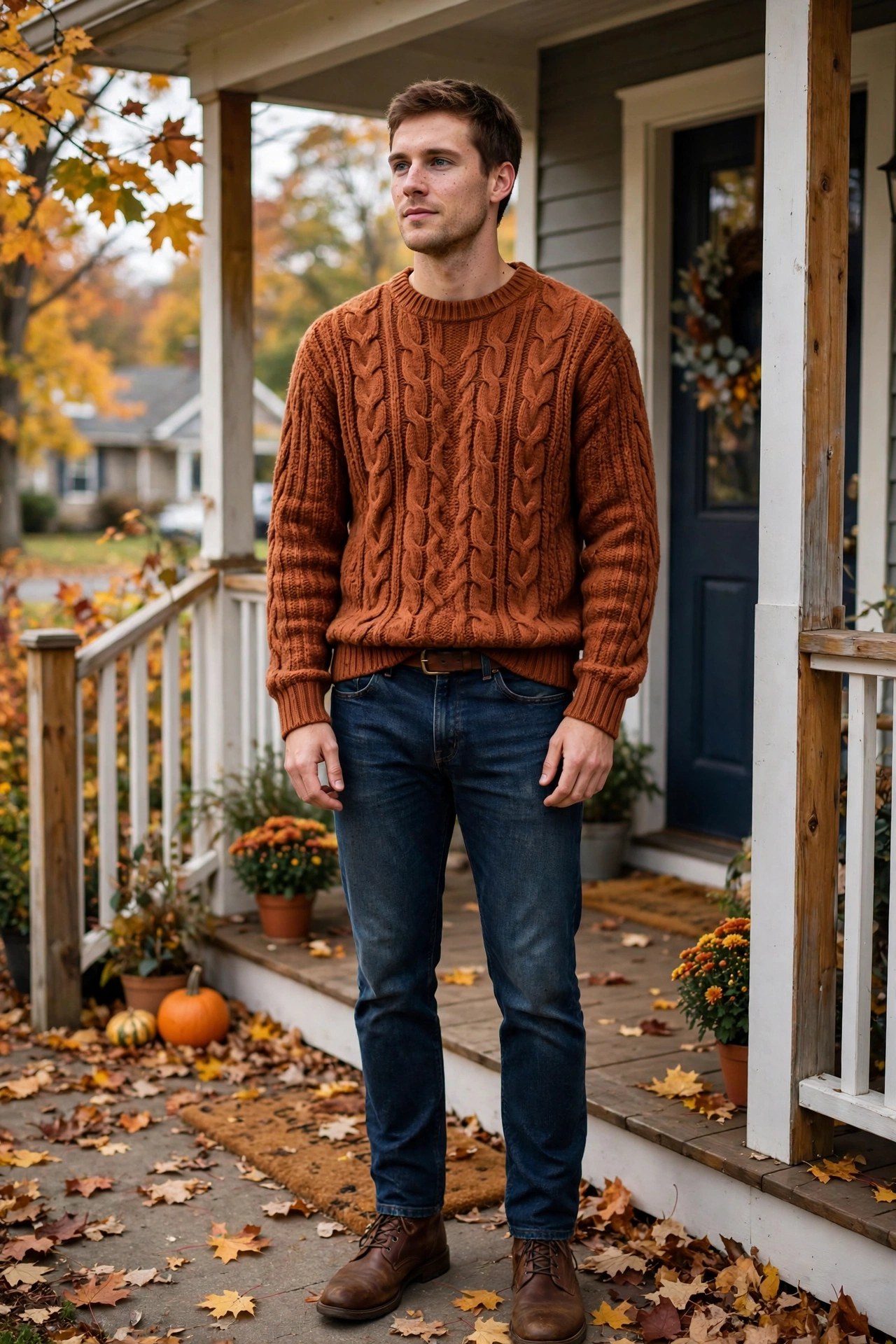 Man in his late 20s wearing a rust chunky knit sweater with dark jeans on a porch