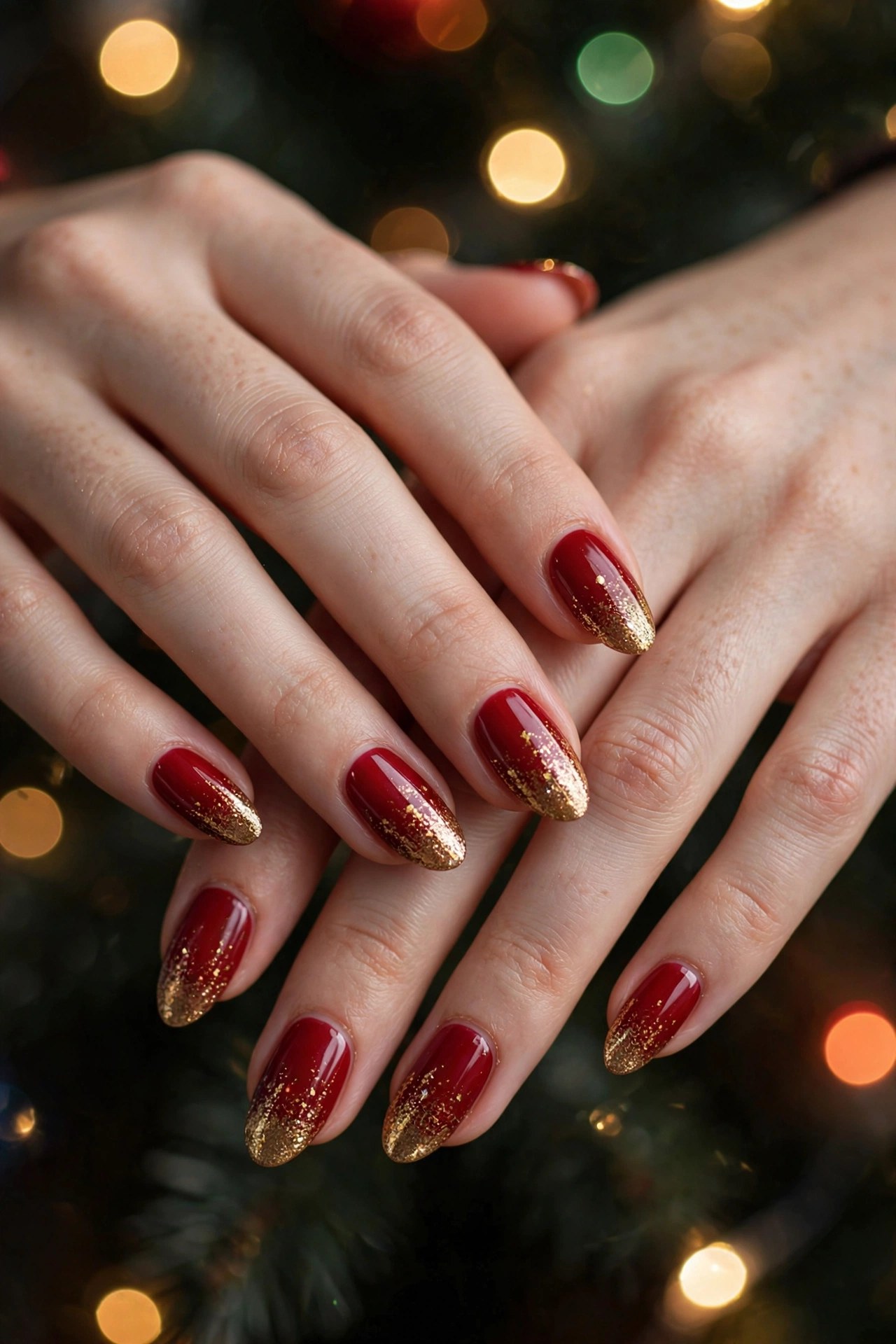 Hands with fair skin and almond nails in classic red polish with gold glitter tips near Christmas lights