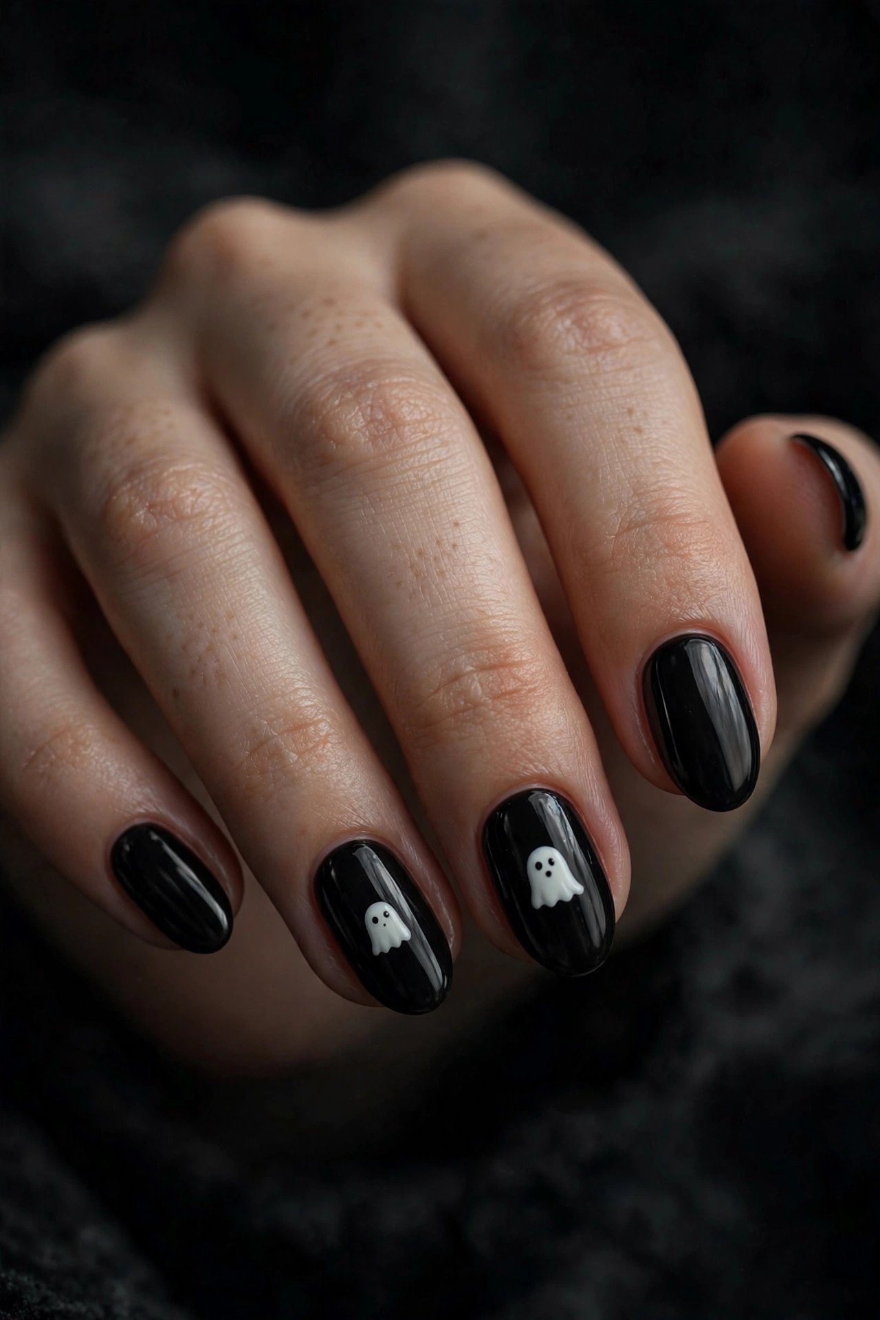 Short almond nails with minimalist white ghost design on black polish