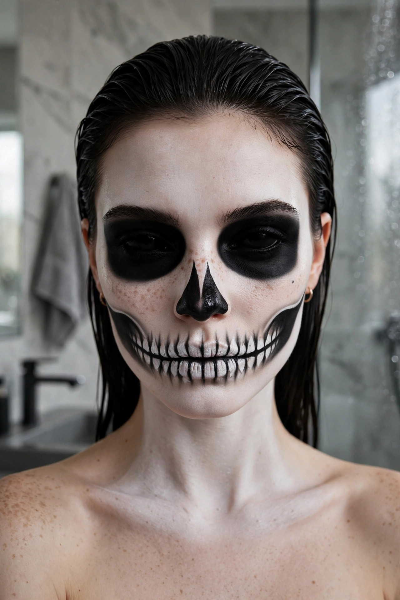 Woman with classic black-and-white easy skull Halloween makeup