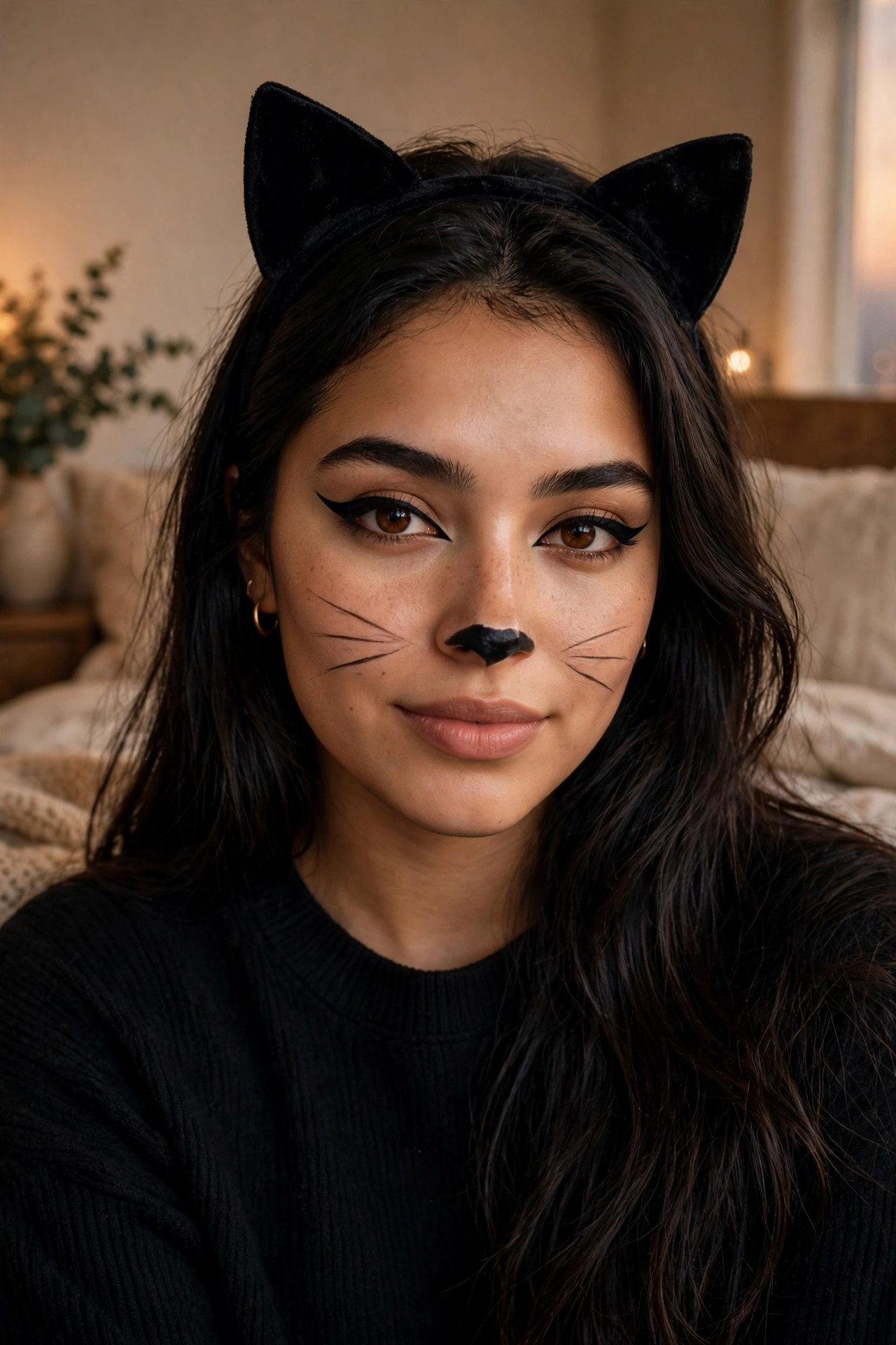 Teen girl with classic black cat Halloween makeup, winged liner, black nose and whiskers, cat ears