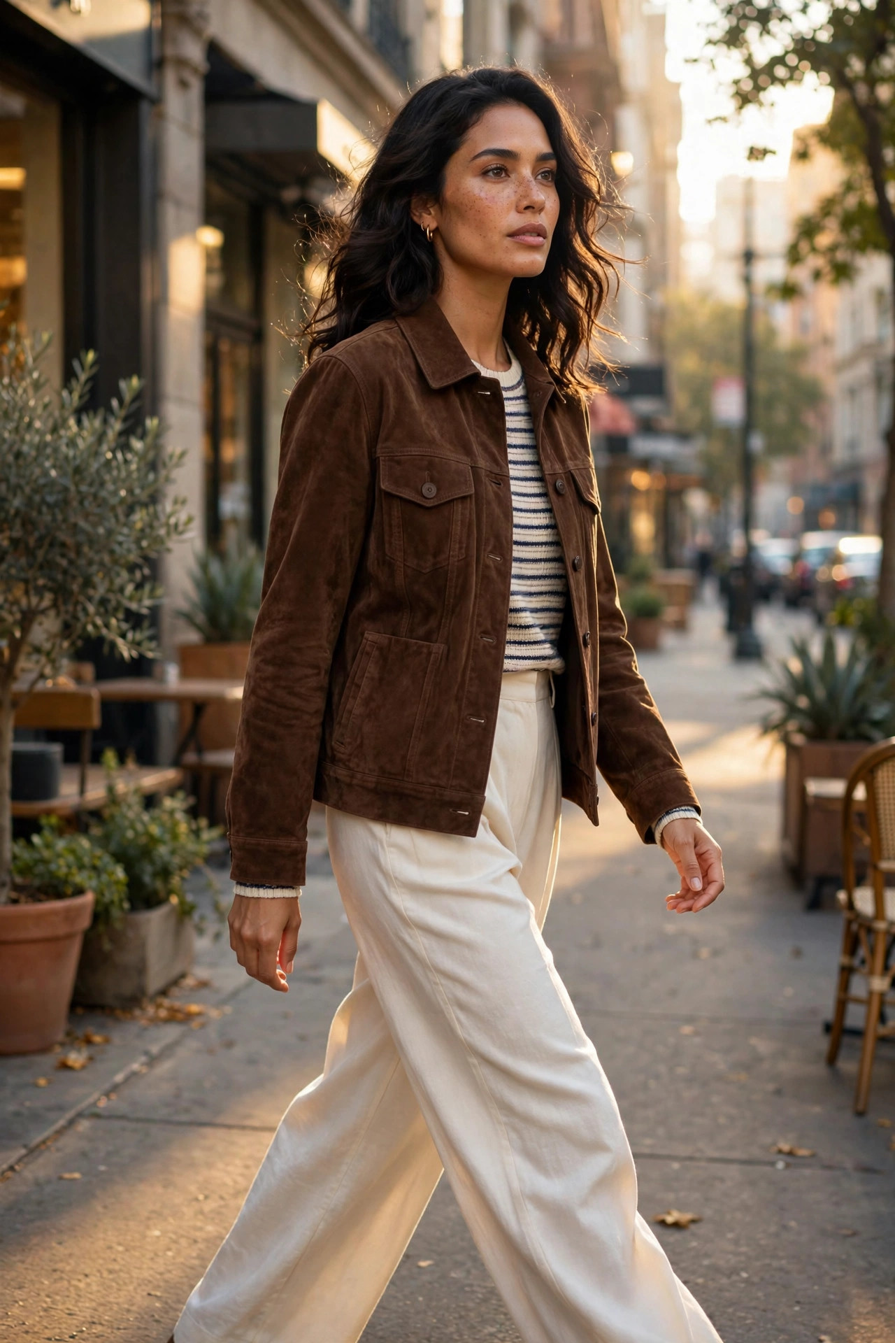 Woman in a chocolate suede trucker jacket and cream wide-leg trousers walking on a city sidewalk in golden morning light