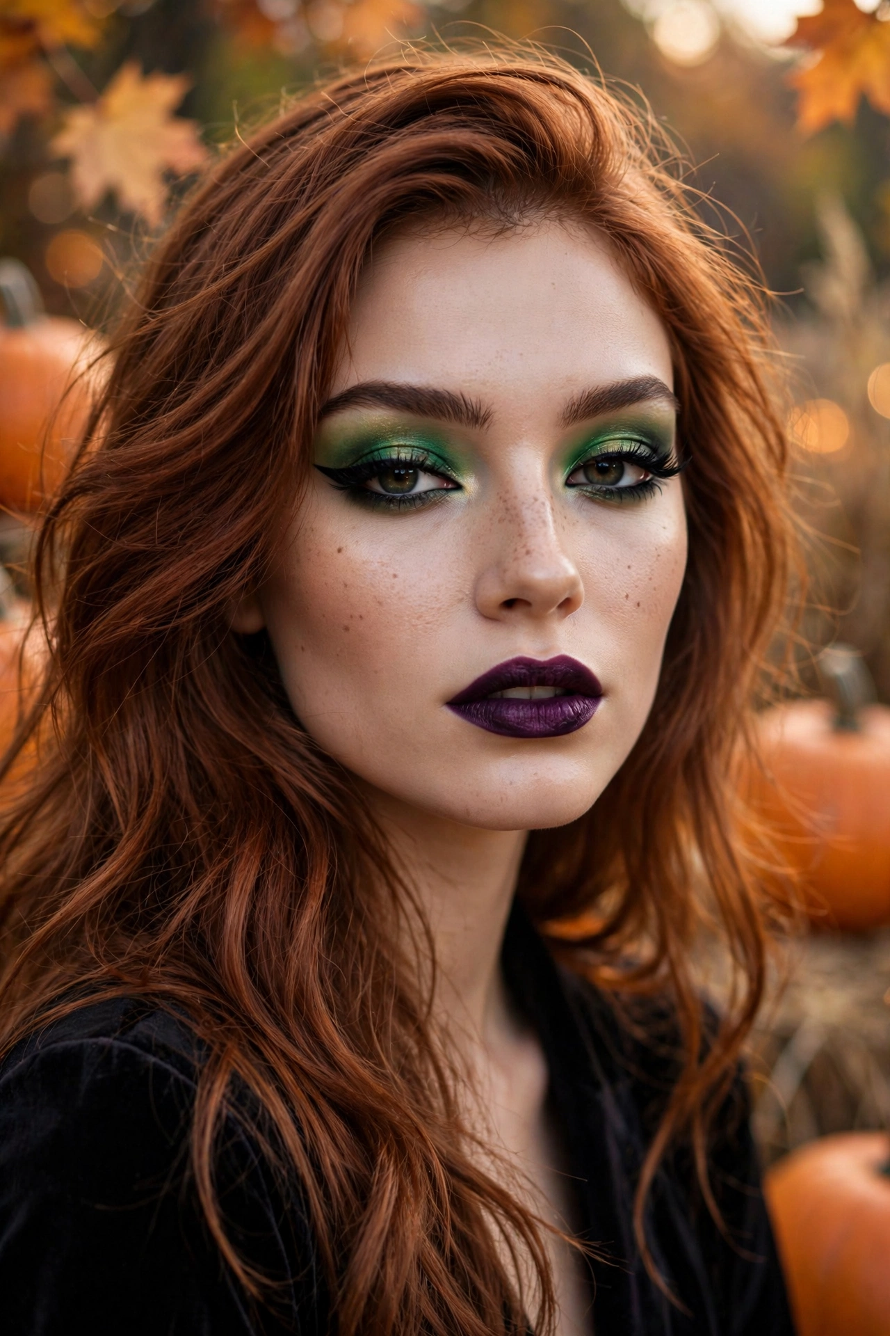 Photorealistic portrait of a woman wearing glam green witch makeup for a Halloween party