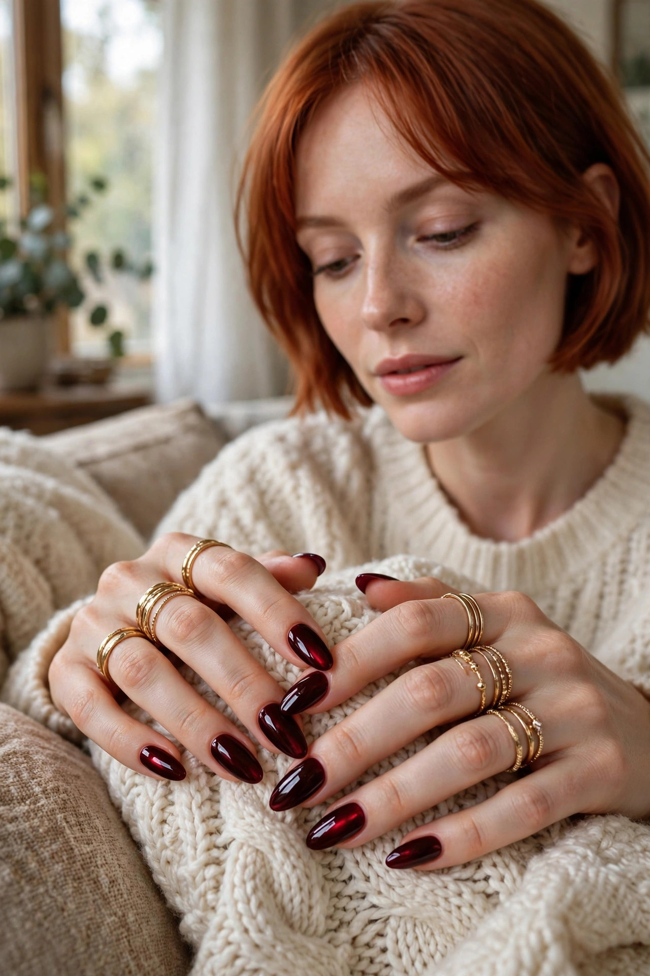 Long almond nails in a glossy oxblood burgundy shade, gold rings stacked on the fingers