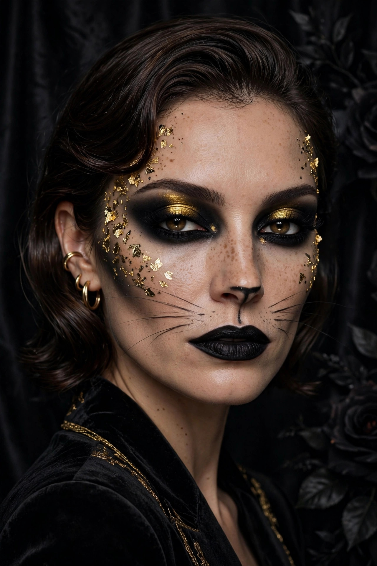 Woman with black and gold cat makeup for Halloween party, metallic gold eyeshadow and black cat eye