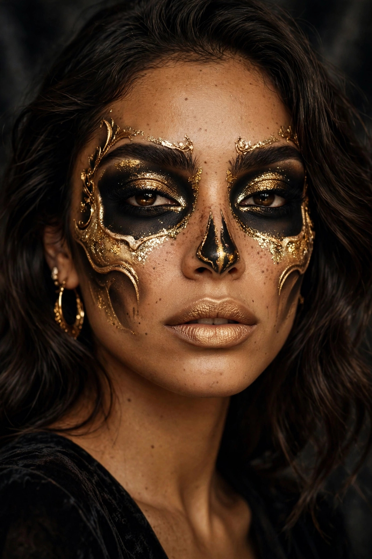 Woman with gold luxe glam skull Halloween makeup