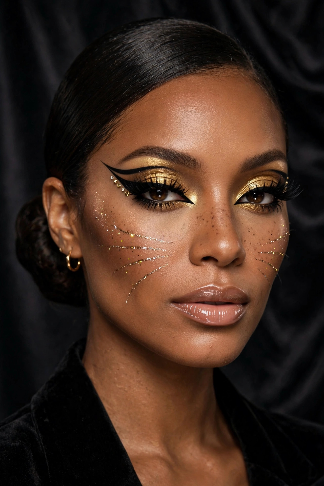 Woman with glamorous gold cat Halloween makeup, shimmer eyeshadow, and rhinestone accents