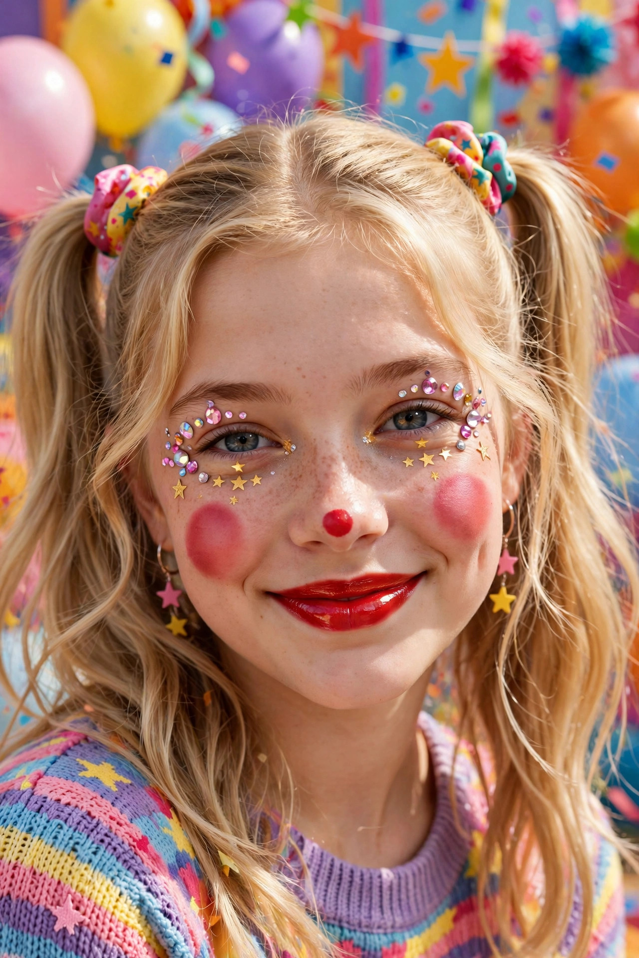 Teen girl with pretty clown Halloween makeup, rosy cheeks, and gem accents
