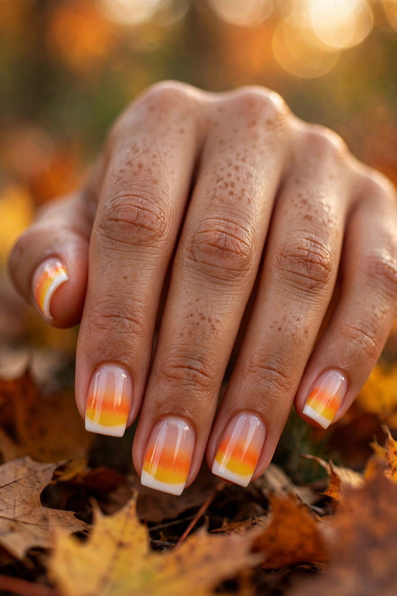 Short square nails with candy corn gradient tips in white orange and yellow
