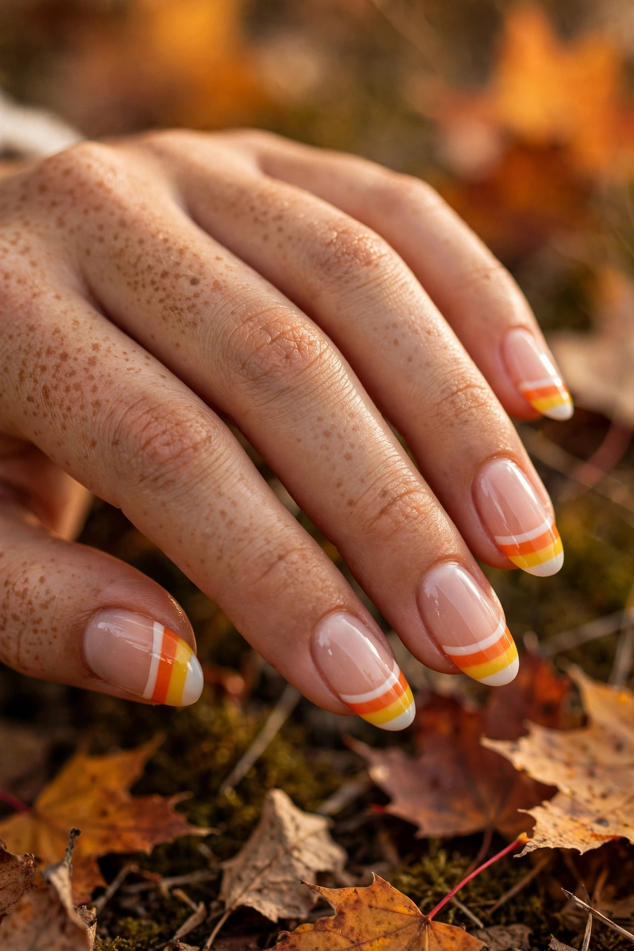 Teen hand with candy corn French tip nails in white orange and yellow