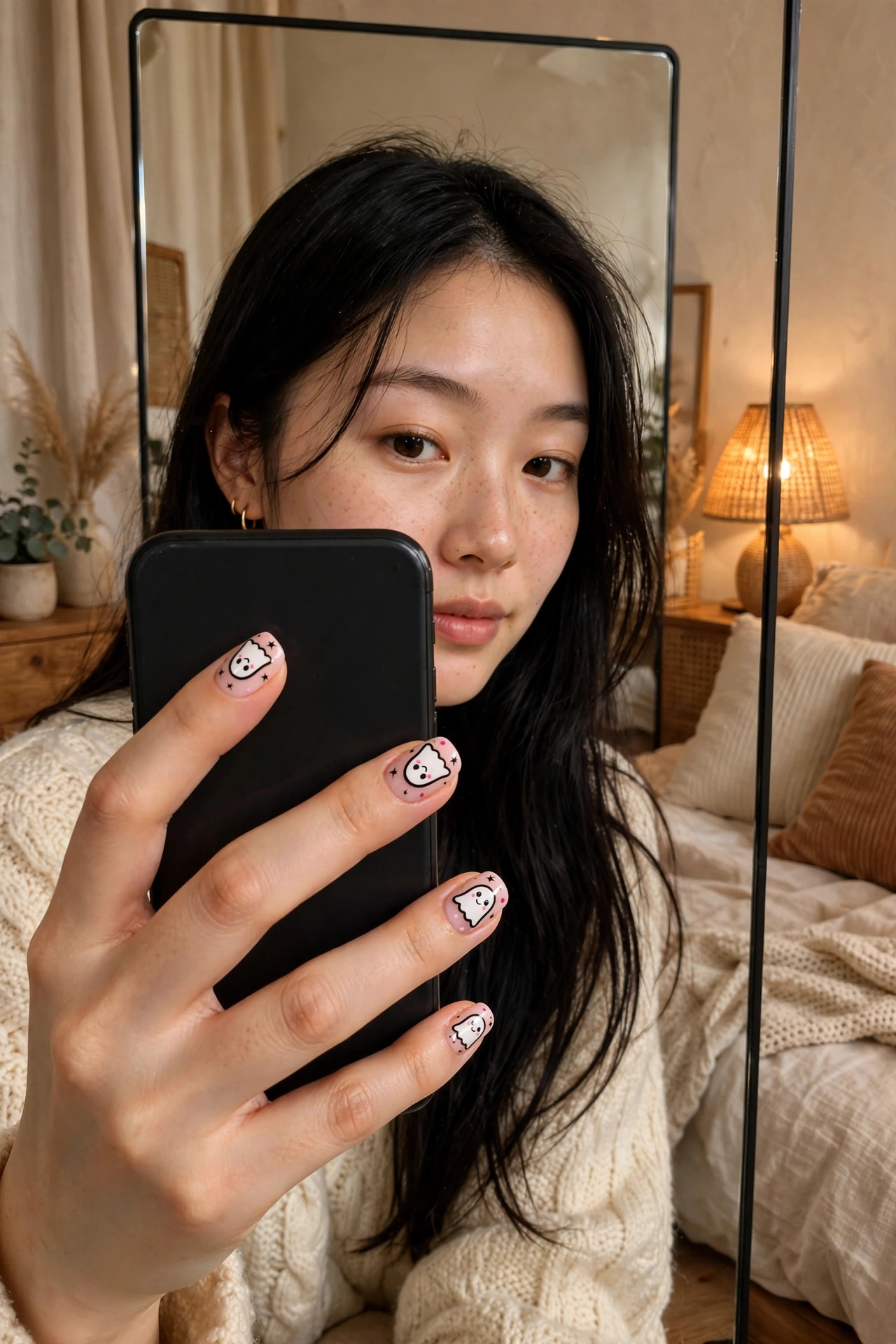 Baby pink short square nails with cute cartoon ghost faces and tiny stars