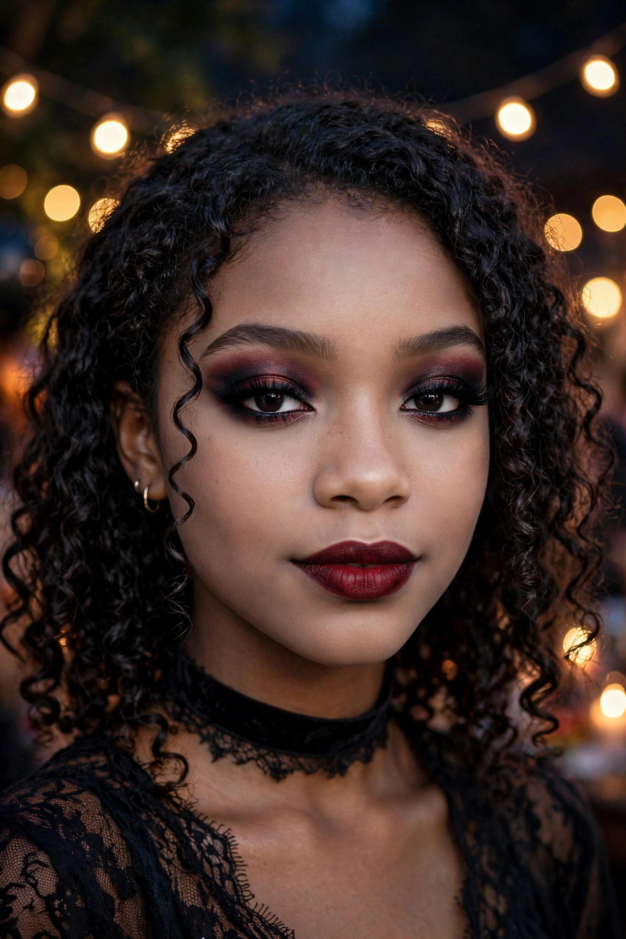 Teen with glamorous vampire smoky eye in black and burgundy with a deep berry lip