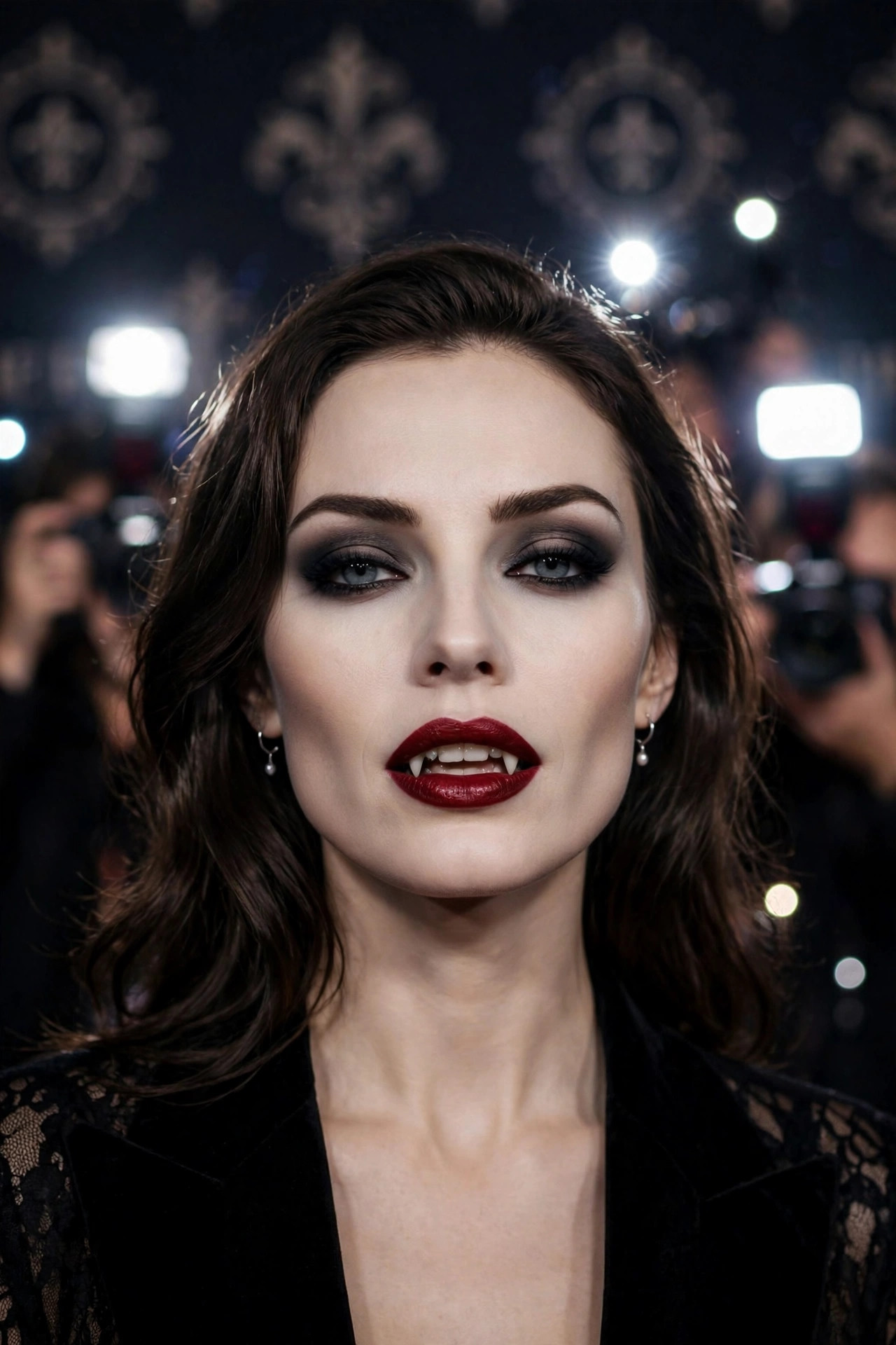 Woman with camera-ready vampire makeup, sculpted contour and fangs at a party backdrop