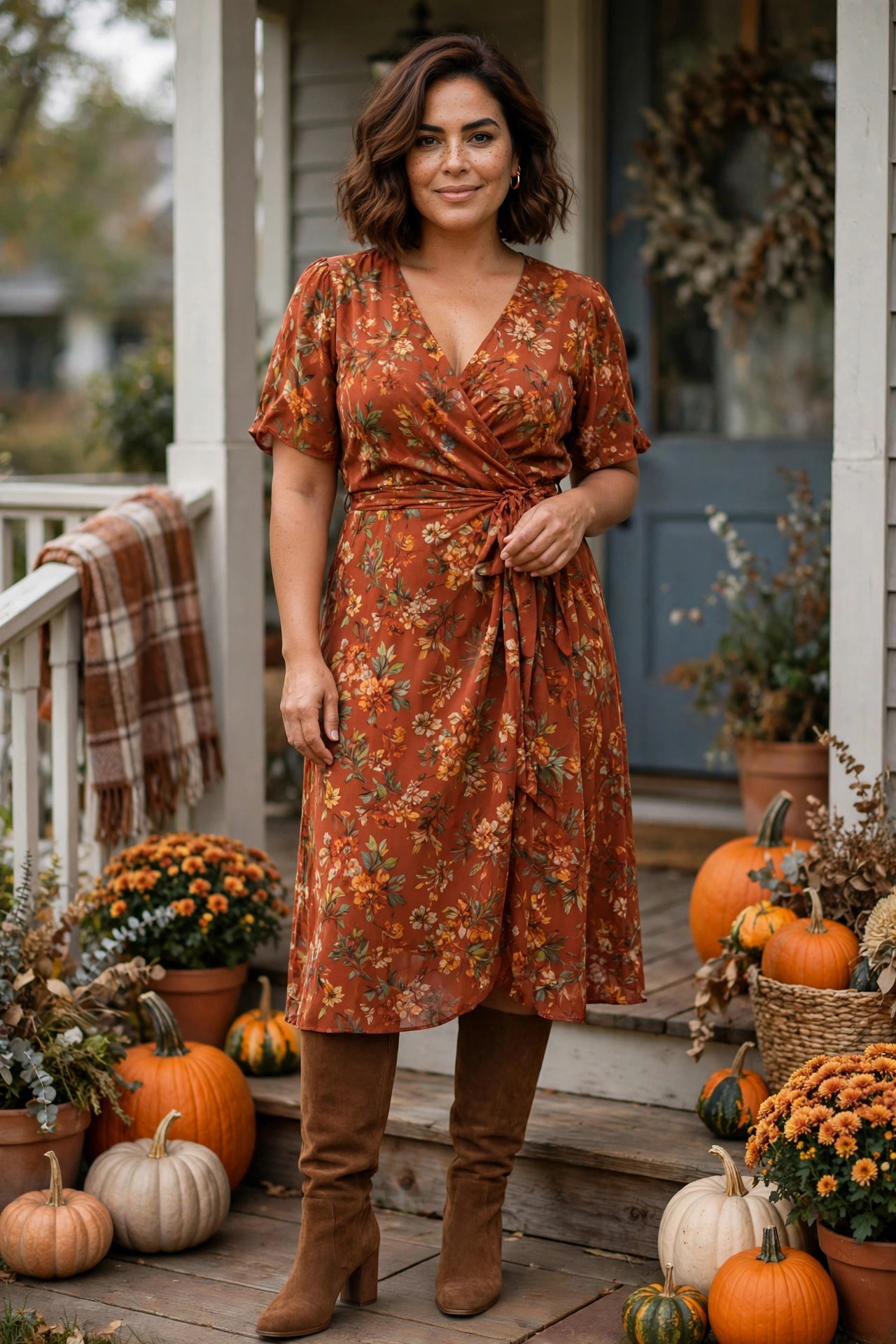 Curvy woman wearing a fall floral wrap dress with wide-calf boots on a porch decorated with pumpkins