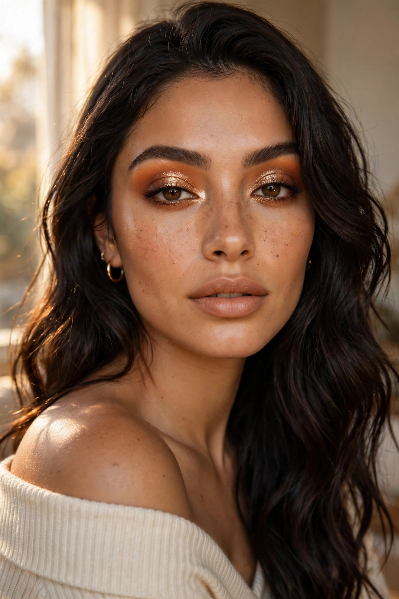 Beauty close-up of a woman with burnt orange eyeshadow blended in the crease and a bronze shimmer lid