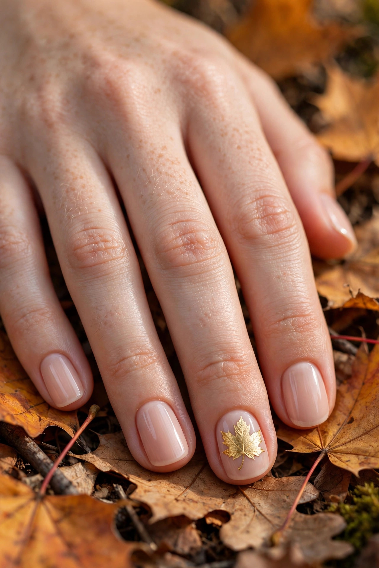 Short nude nails with a single golden maple leaf accent nail