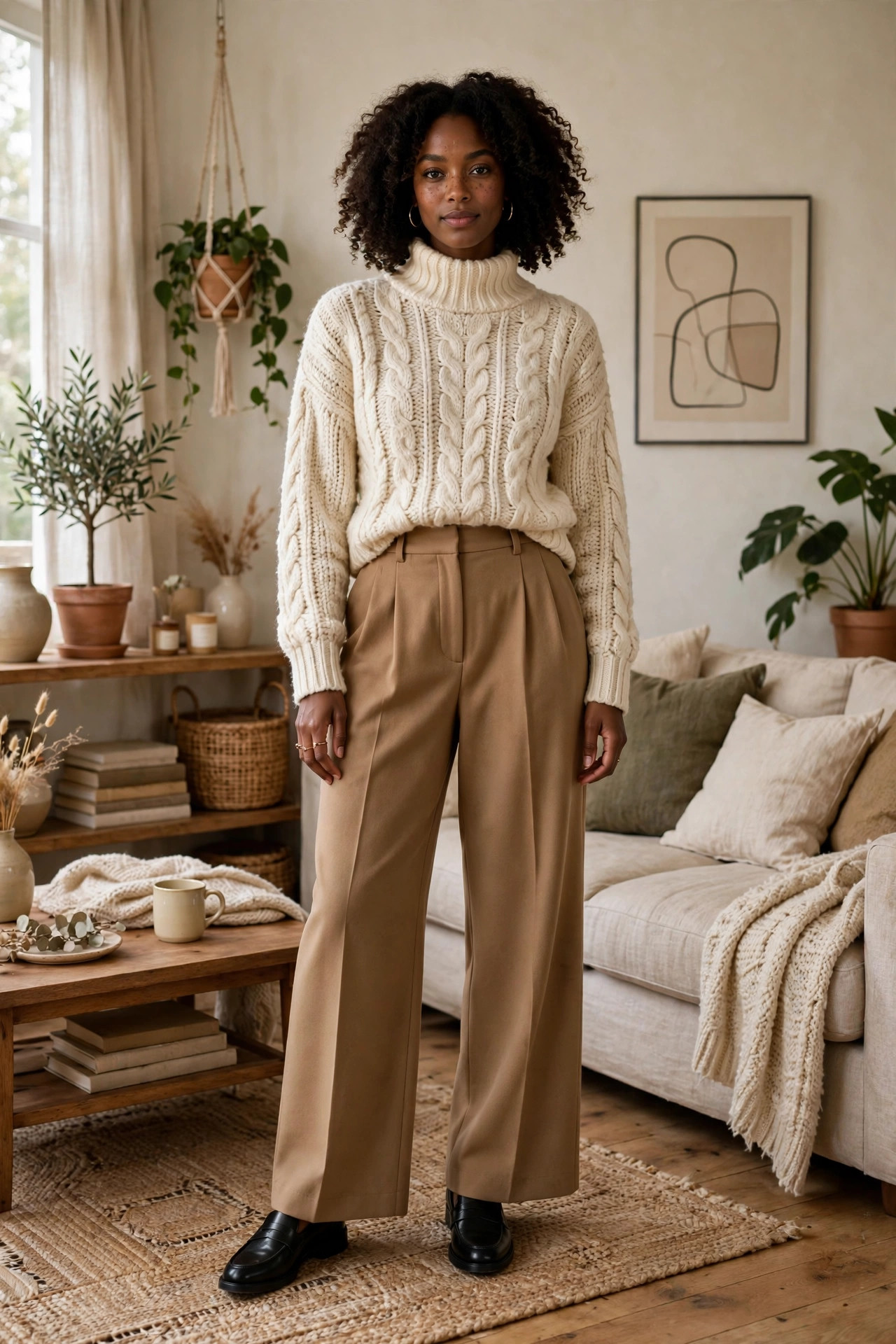 Black woman wearing a chunky cream turtleneck sweater with wide-leg camel trousers in a living room